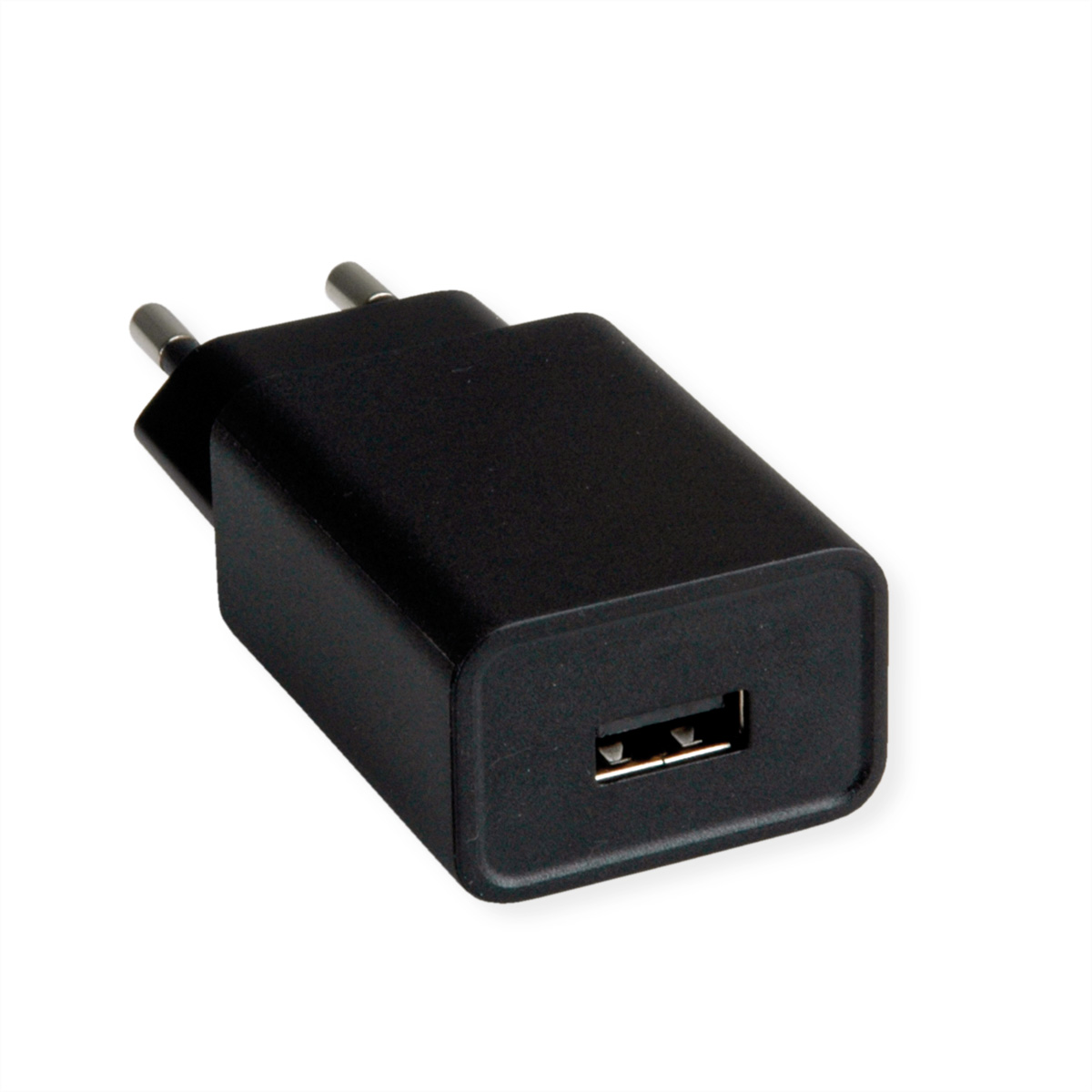 Prise de chargeur USB noire, deux broches visibles. Forme rectangulaire avec port USB.