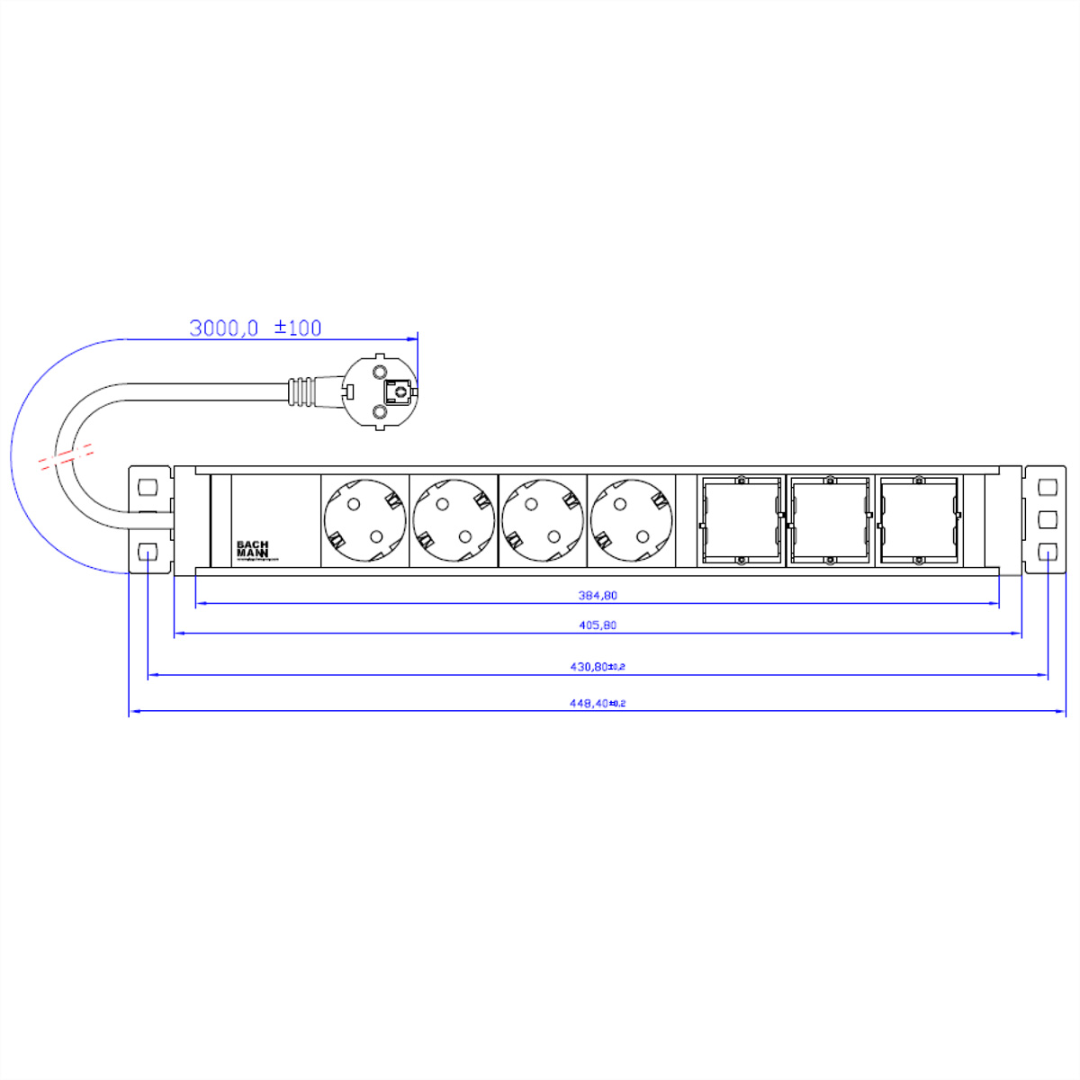 Rysunek techniczny listwy zasilającej z gniazdami, wymiarami i wtyczką.