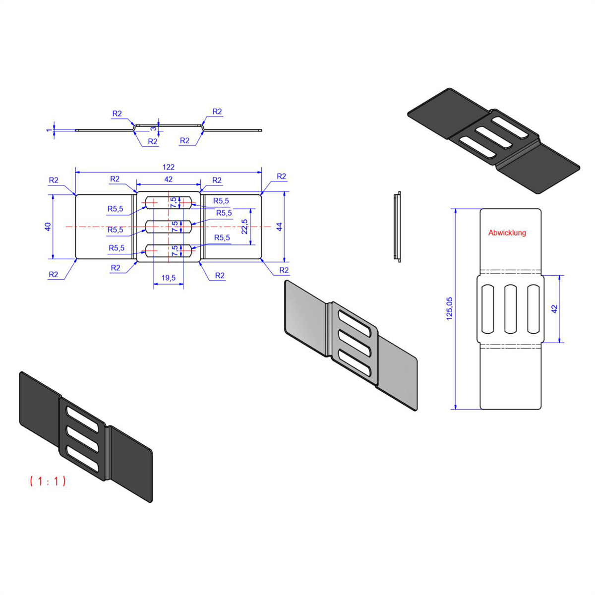Technische tekeningen van metalen beugels met afmetingen en een 3D-aanzicht.