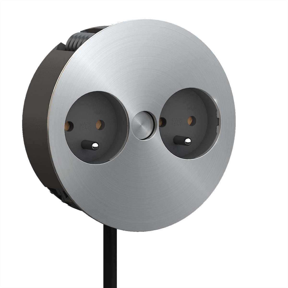 Okrągłe srebrne gniazdo z dwoma gniazdami. Czarny kabel wychodzi od dołu.