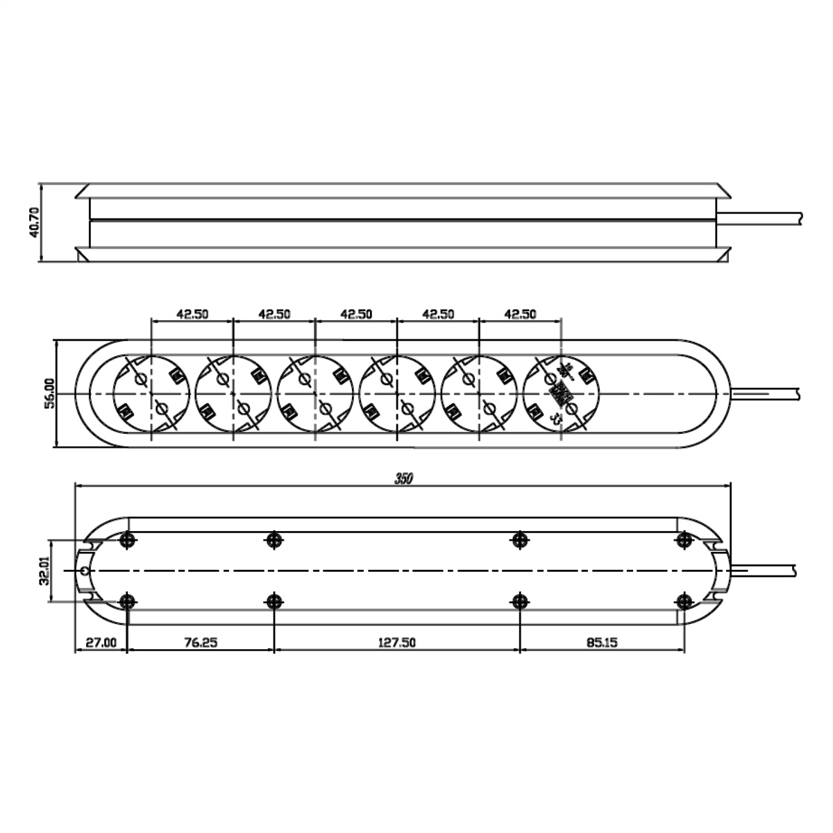 Rysunek techniczny listwy zasilającej. Pokazuje widok z góry, z przodu i z boku z wymiarami. Białe tło.