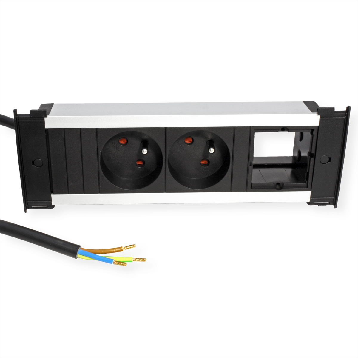 Power outlet with two sockets and cut wires with color coding, on a white surface.