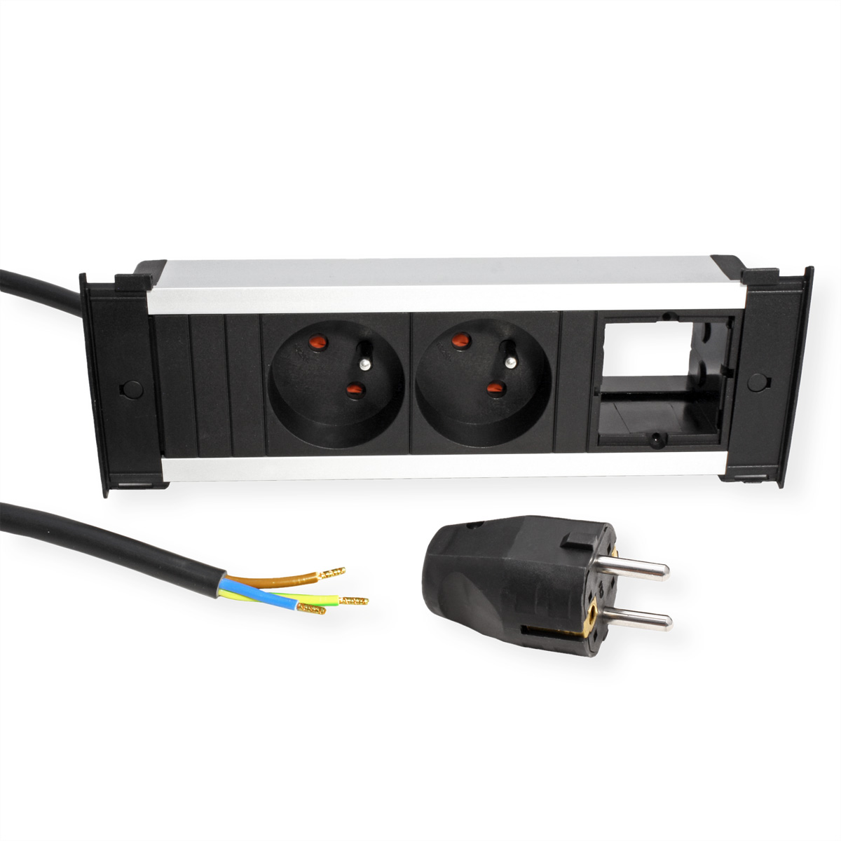 Rectangular power outlet with two black sockets, a plug, and wires.