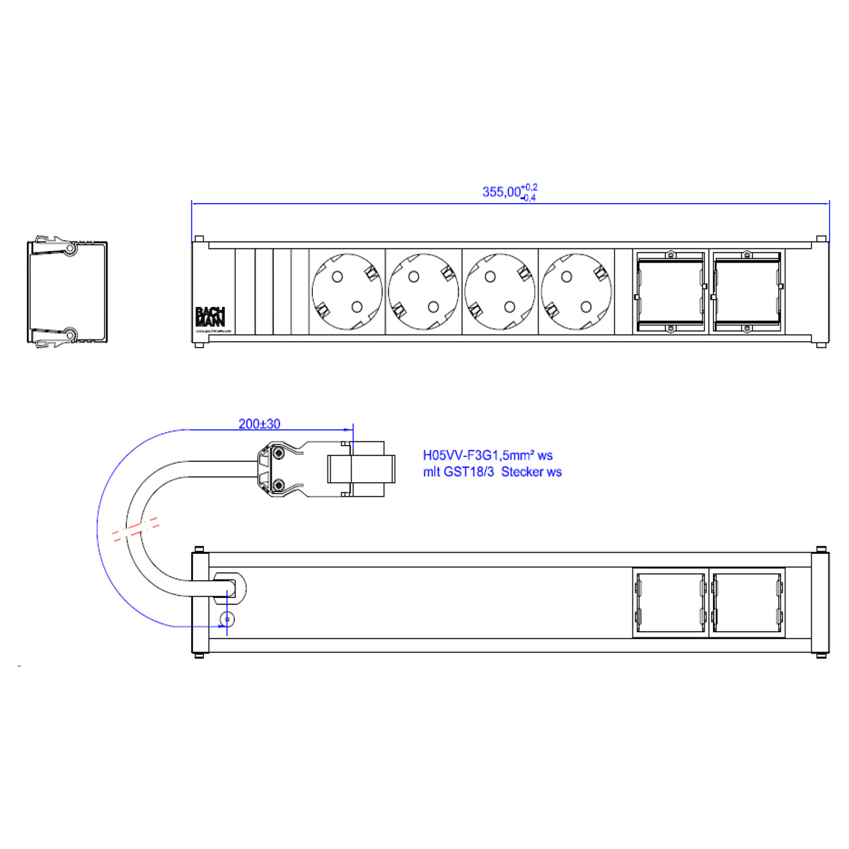 Een technische tekening van een stekkerdoos met afmetingen en labels. Het bevat stopcontacten en poorten.