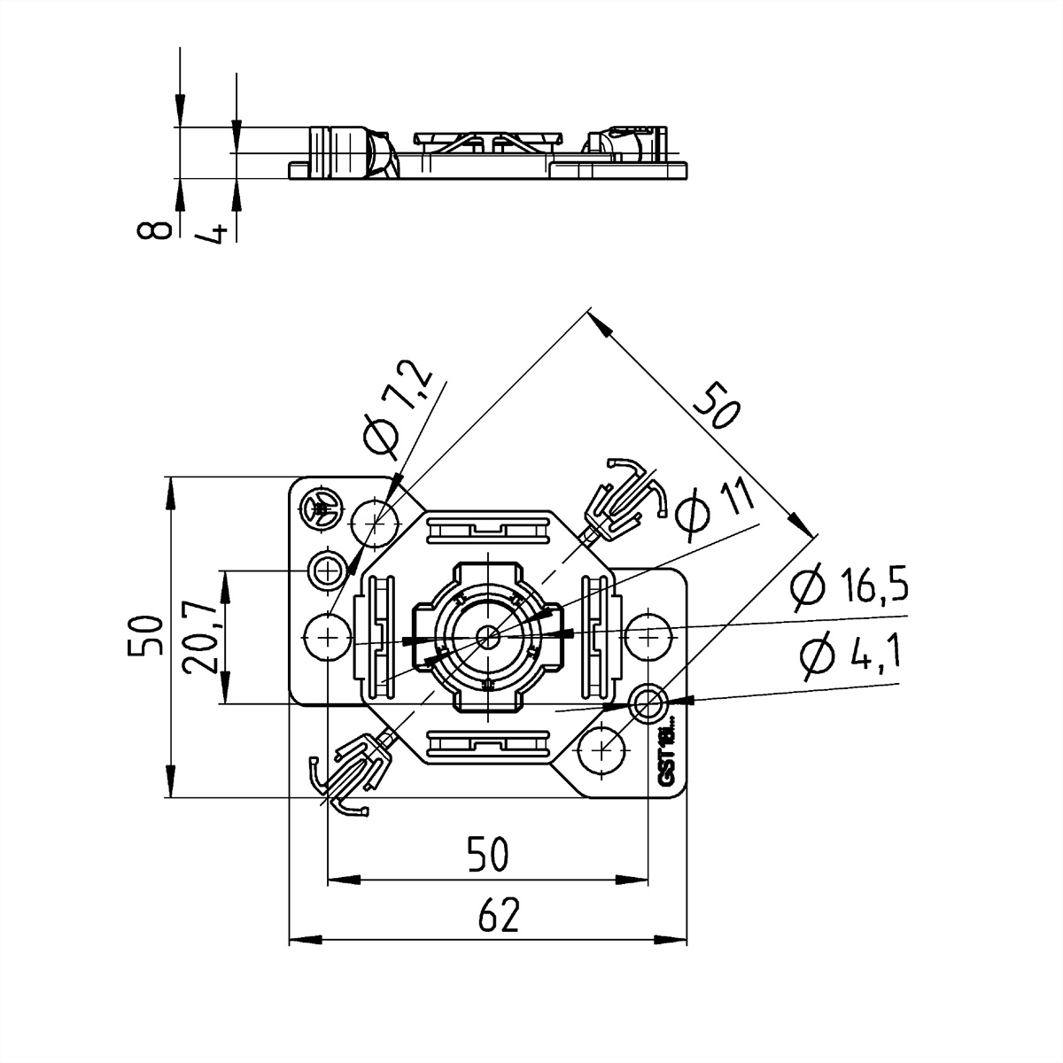 Technische tekening van een component. Toont bovenaanzicht met afmetingen en montage details. Witte achtergrond.