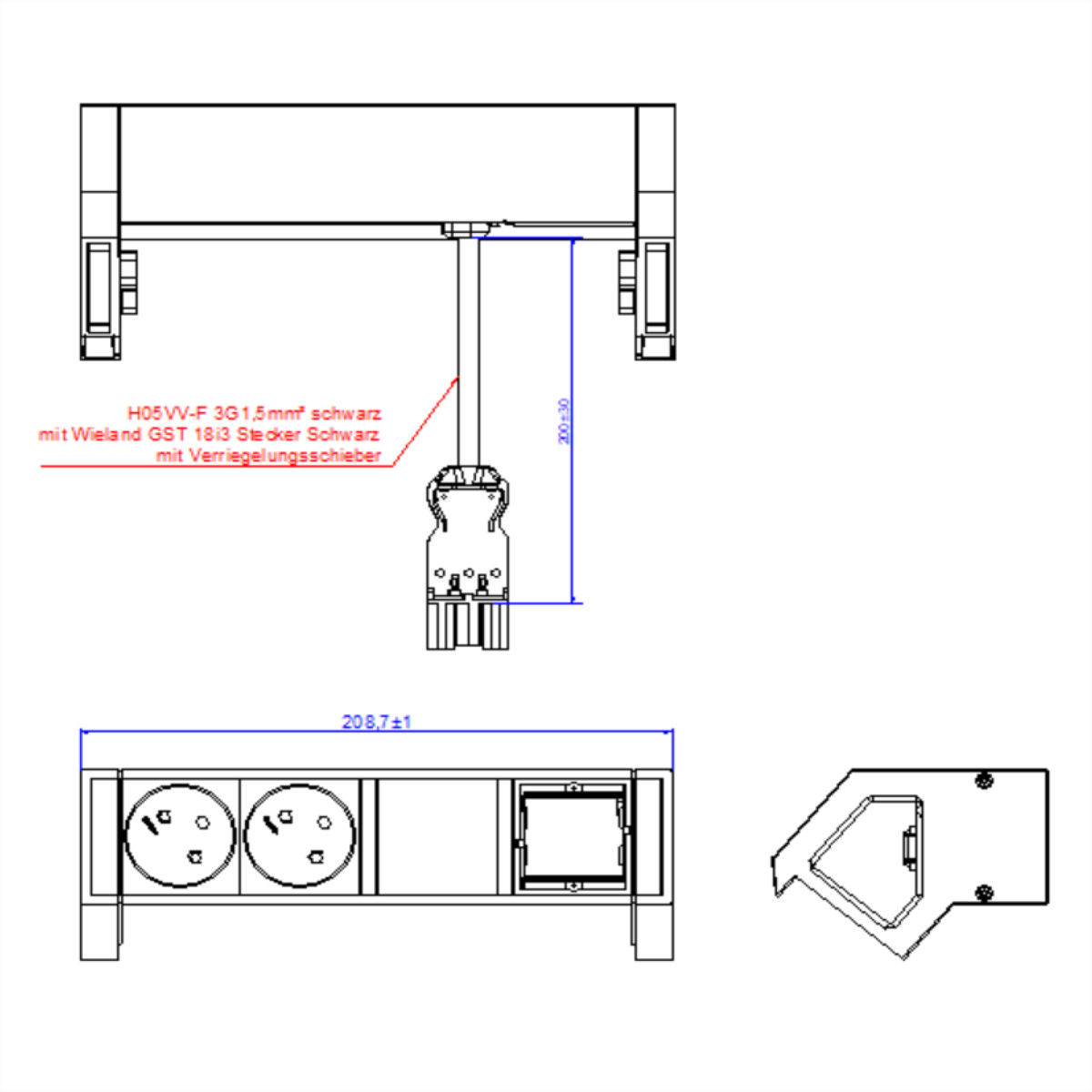 Disegno tecnico di componenti elettrici, con dimensioni e annotazioni testuali.