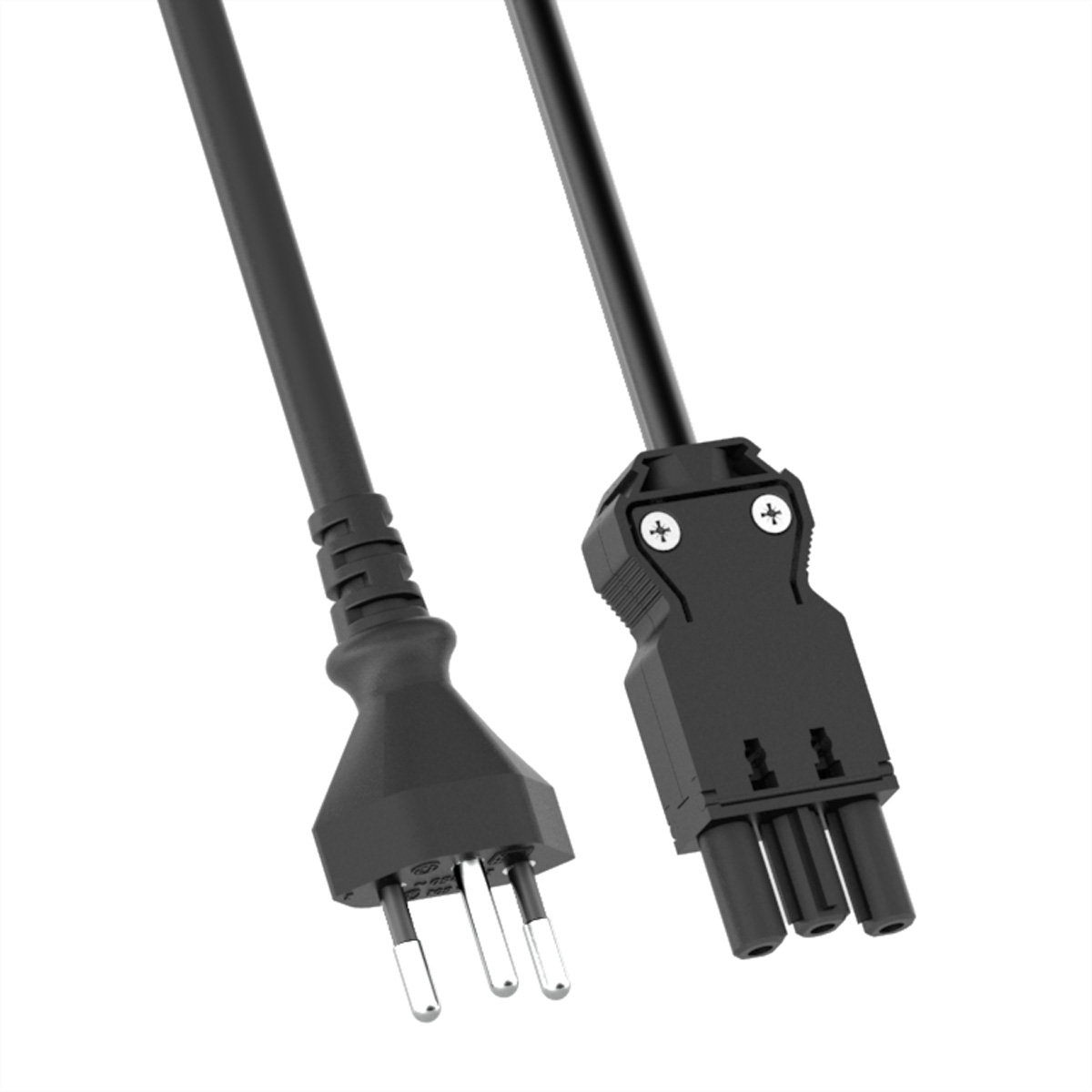 Black power cables with plug and connector, isolated. On white background.