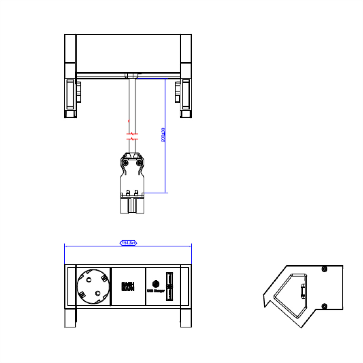 Rysunek techniczny gniazd zasilania i ładowarki USB, z wymiarami i etykietami.