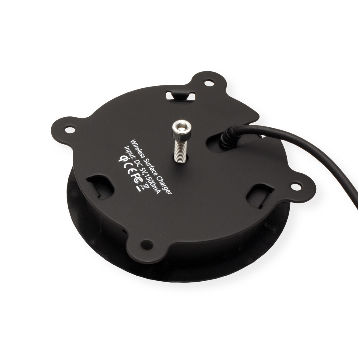Chargeur sans fil noir, avec une vis et un câble attaché, sur fond blanc.