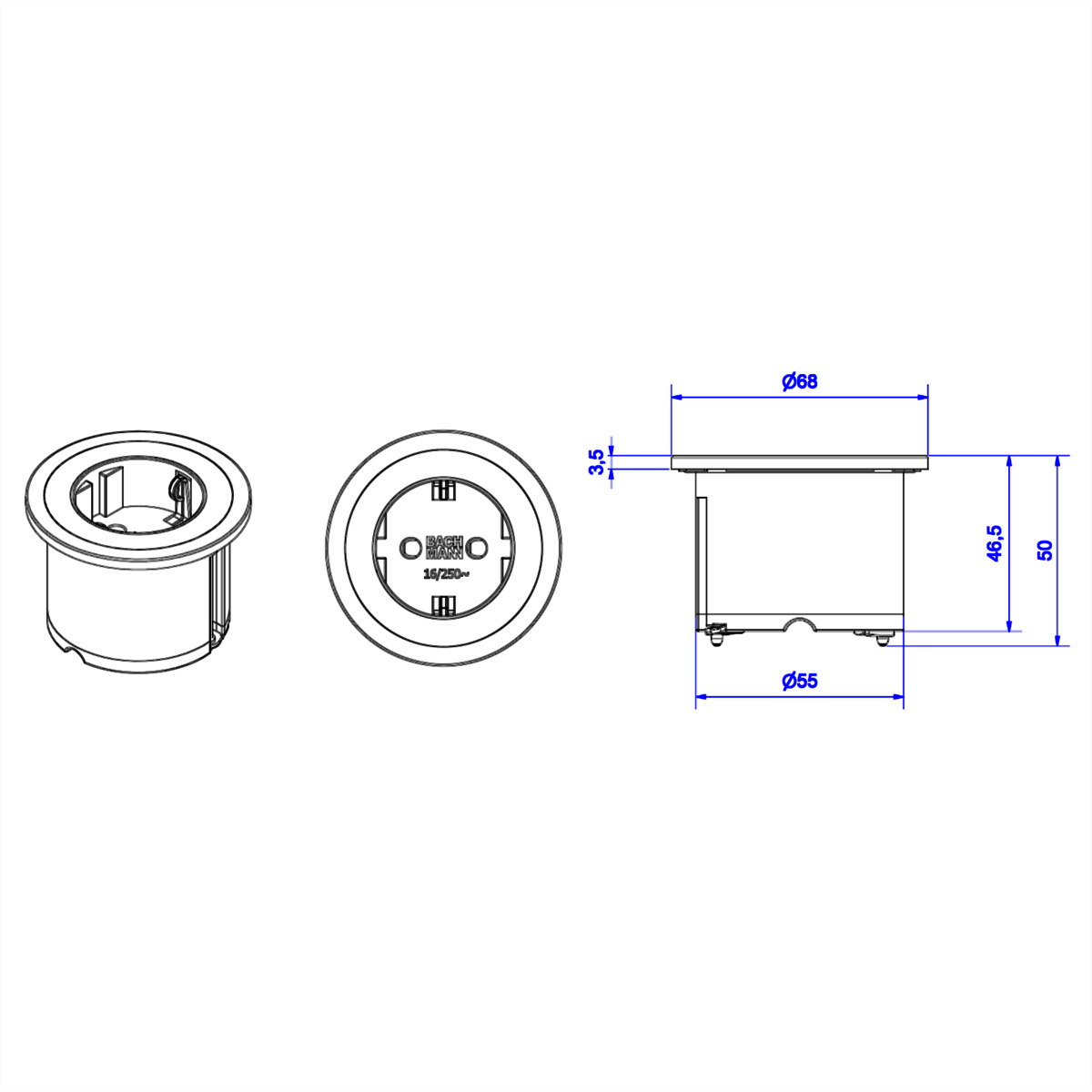 Power outlet with dimensions, a black socket, and Bachmann branding.