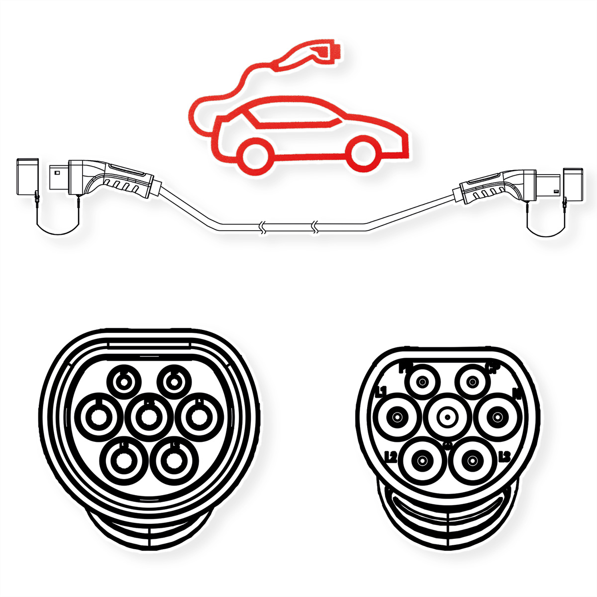 Vereenvoudigde tekening van een oplaadkabel voor elektrische auto's en connectoren op een witte achtergrond.