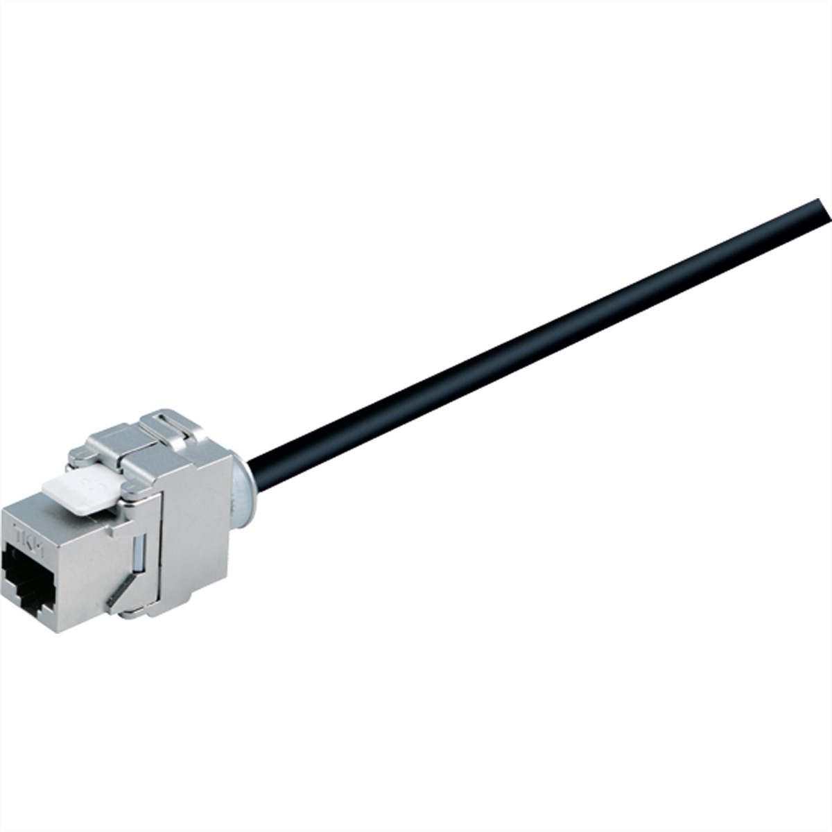 Un connecteur RJ45 argenté avec un câble noir, isolé sur fond blanc.