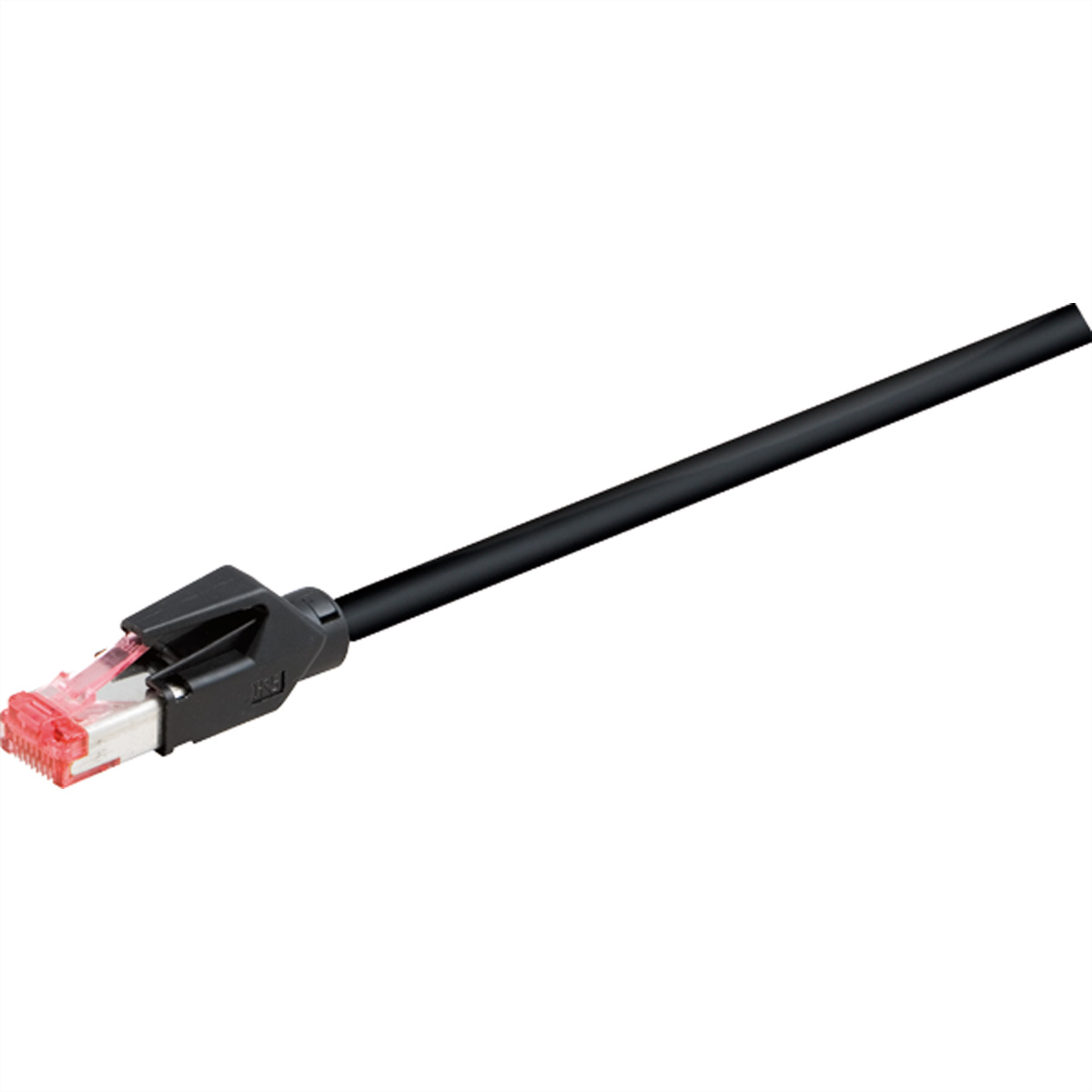 Un câble réseau noir avec un connecteur RJ45 doté d'un composant rouge transparent.