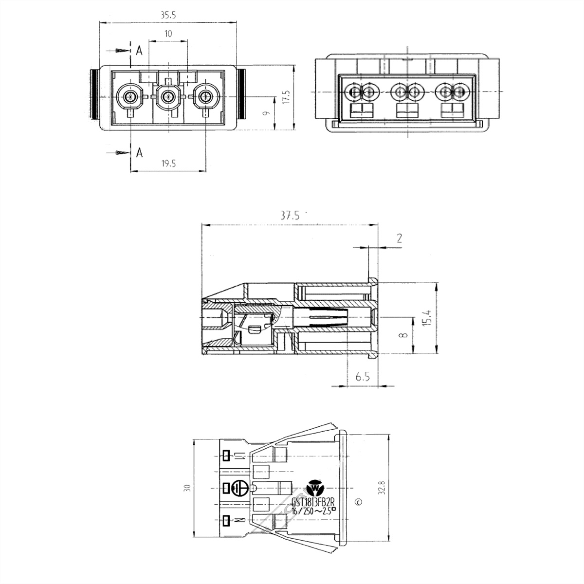 Technische tekening van een connector met afmetingen en details, op een witte achtergrond, bovenaanzicht en zijaanzicht.