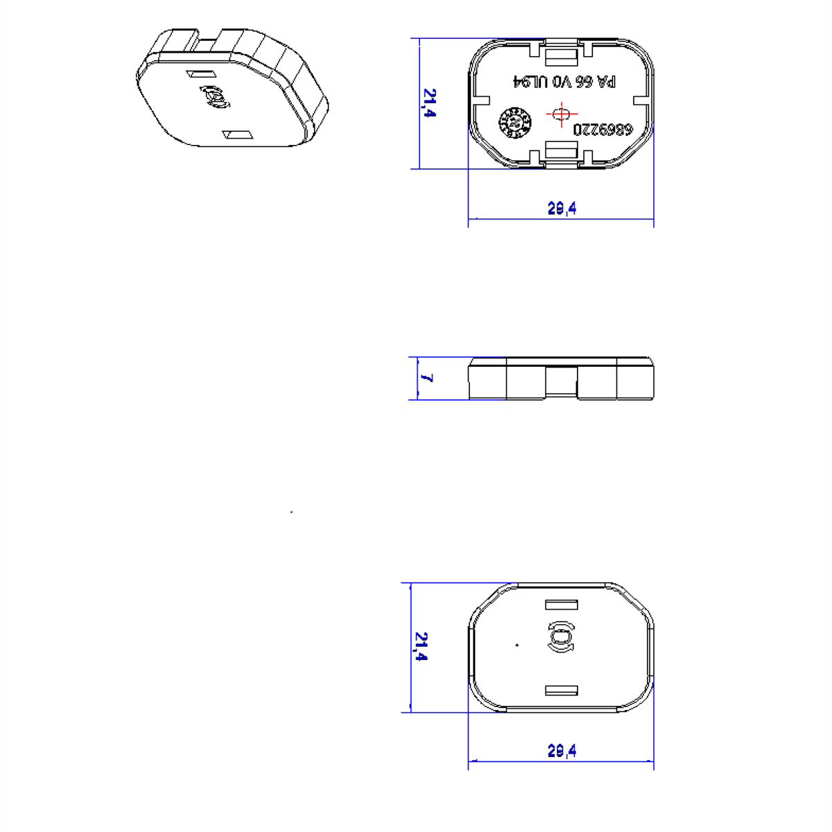 Technische tekening van een klein elektronisch apparaat met afmetingen. Boven-, zij- en onderaanzicht.