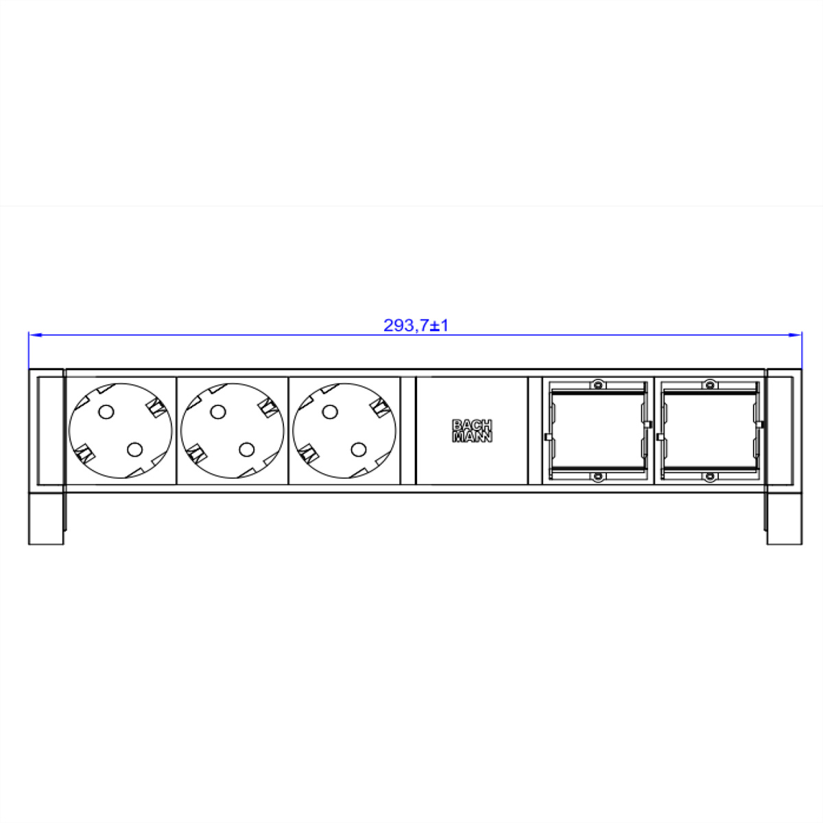 Een technische tekening van een stekkerdoos met vier stopcontacten en twee USB-poorten. Afmetingen worden getoond.