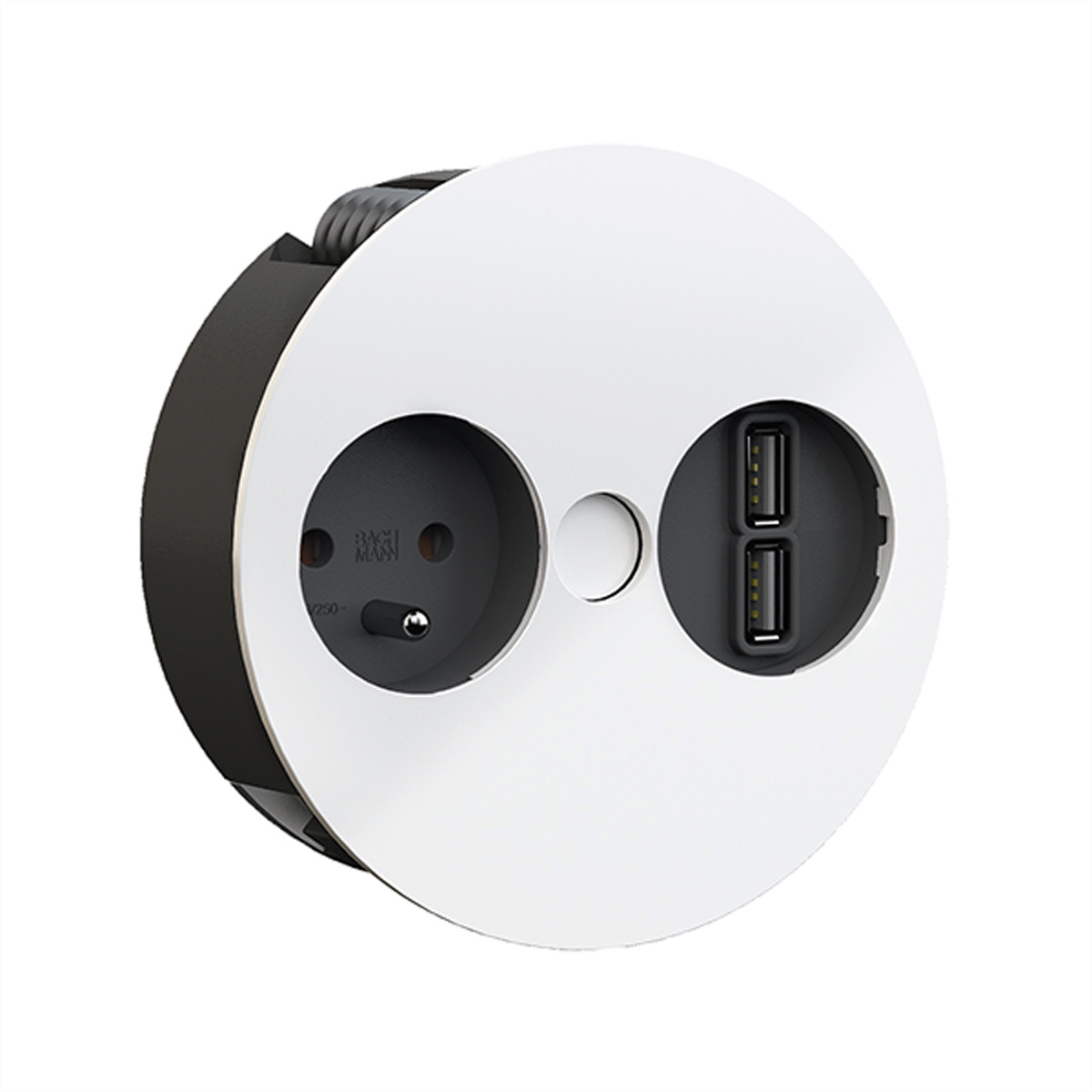 Una presa di corrente bianca e nera con due porte USB.