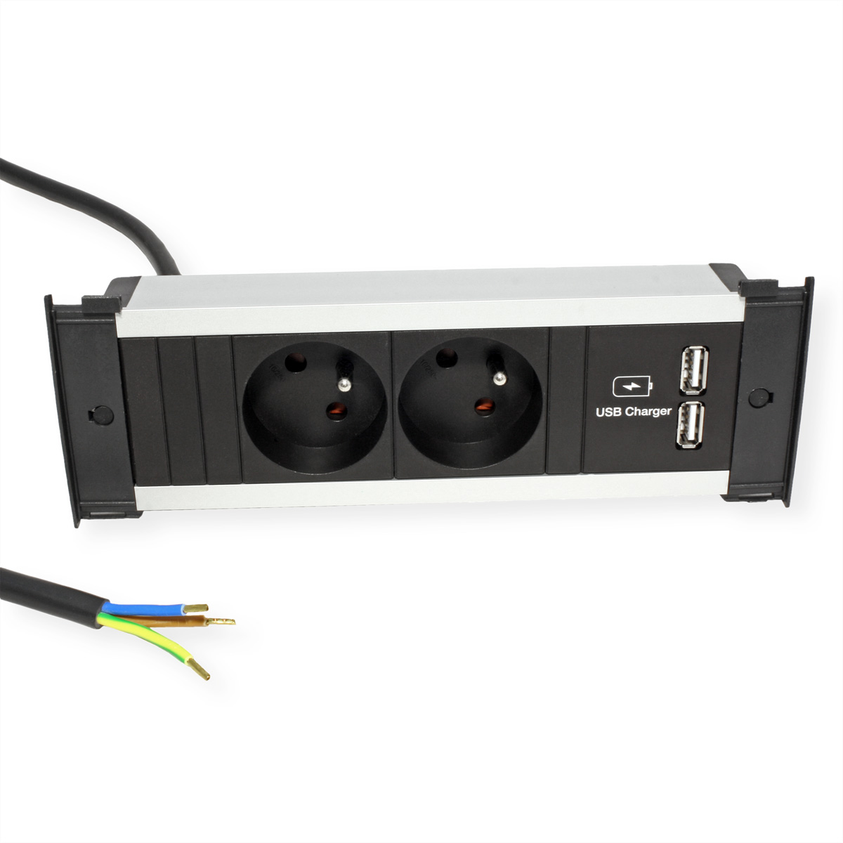 Multipresa con due prese, porte USB e cavo con fili scoperti.