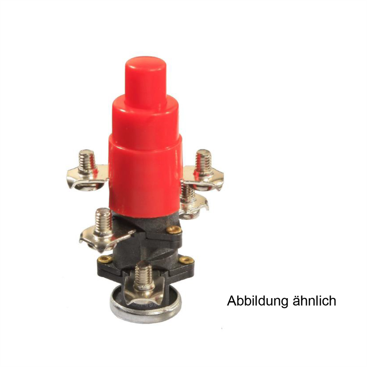 Rode elektrische component met zilveren contacten, zwarte basis en rode knop.