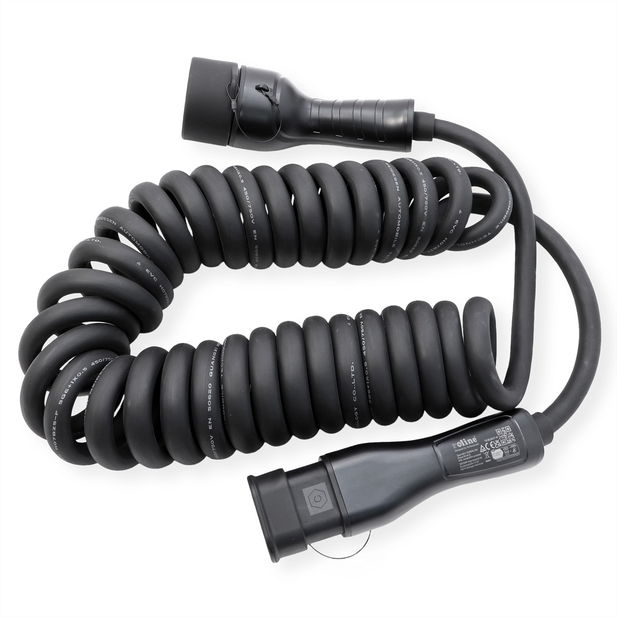 Câble de charge noir en spirale avec deux connecteurs. Une extrémité a un connecteur arrondi.