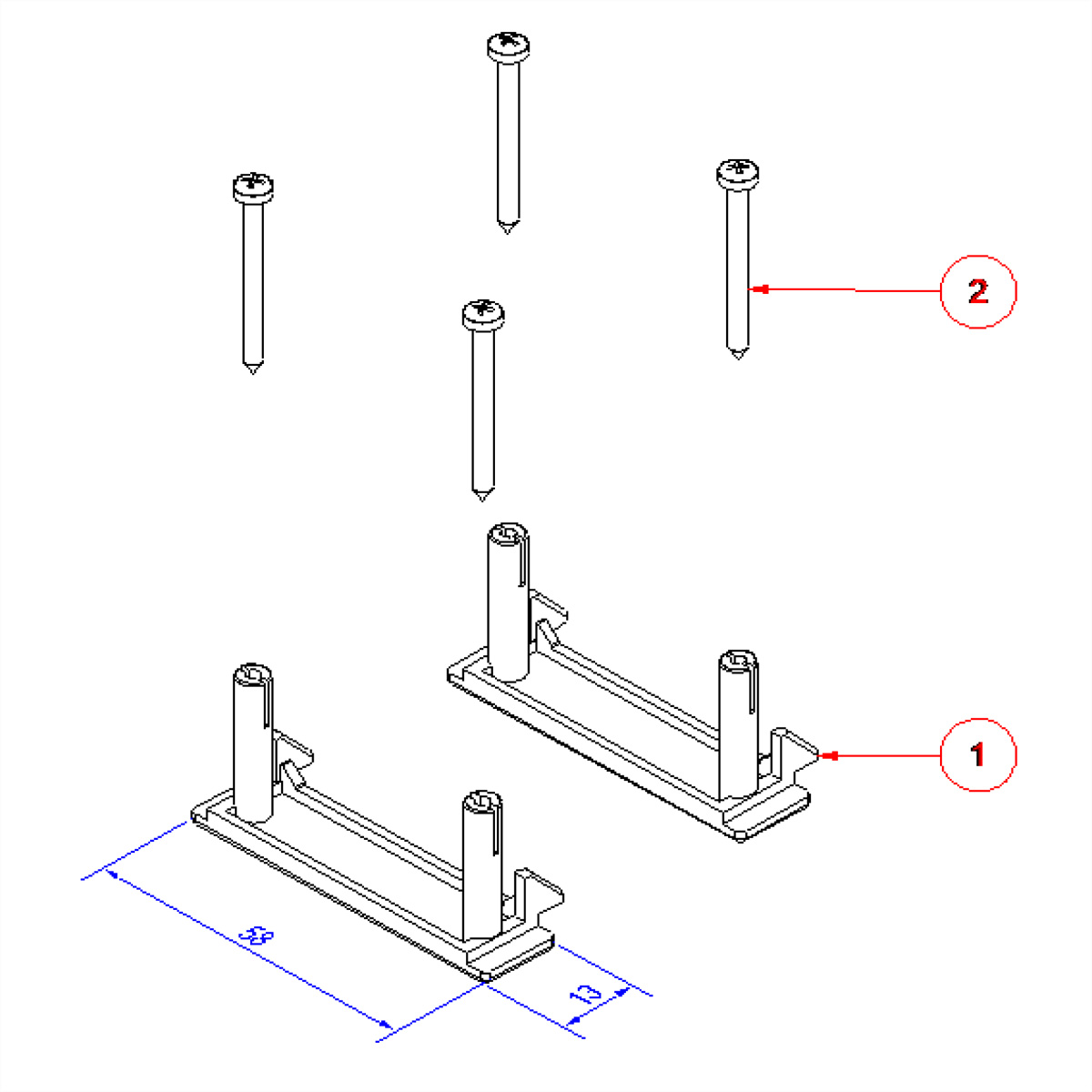 Technische tekening van montagebeugels en schroeven. Afmetingen zijn inbegrepen. Twee beugels, vier schroeven.