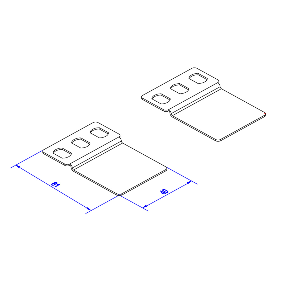 Technische tekening van montagebeugels. Toont afmetingen en vorm. Witte achtergrond.