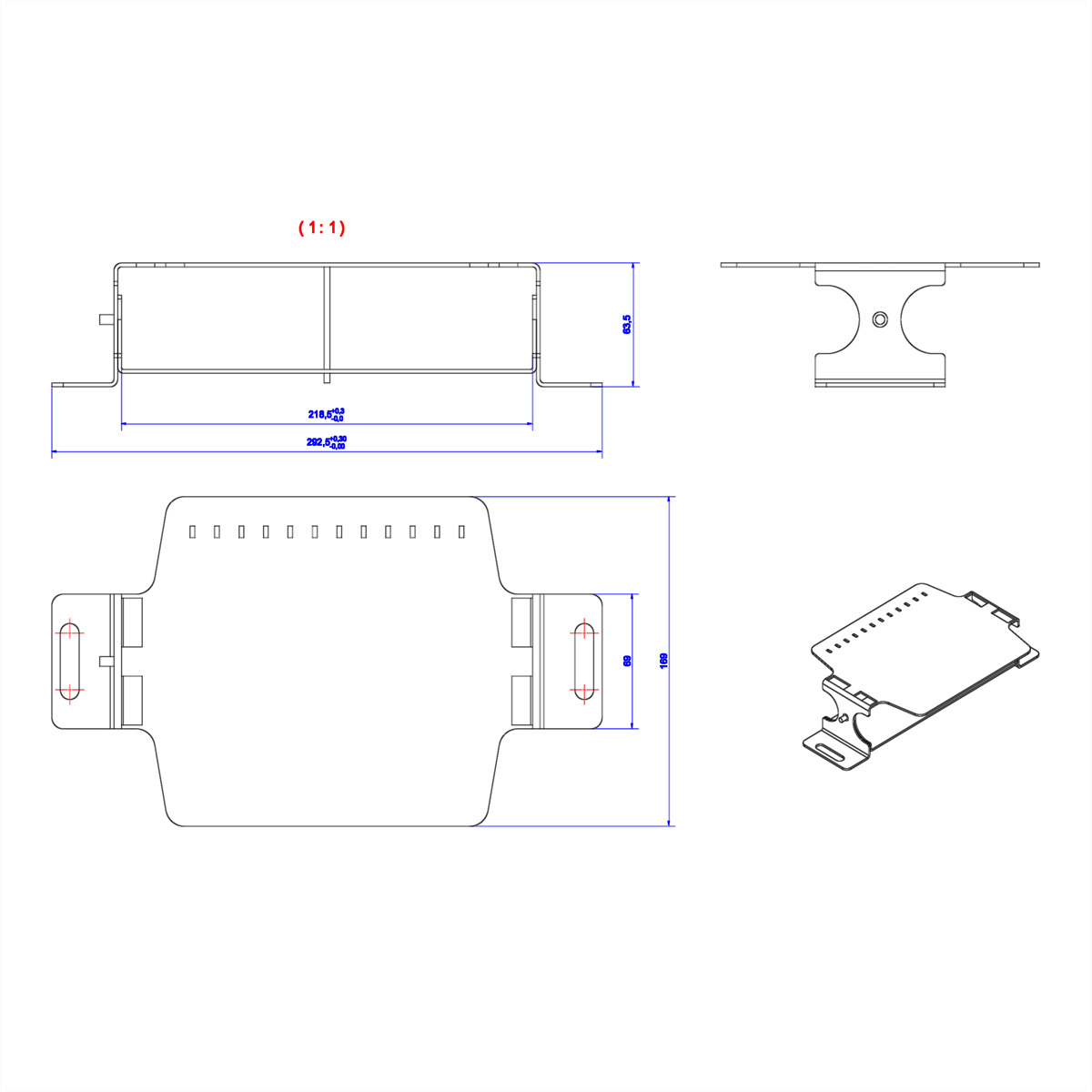 Technische tekening van rechthoekige vormen met afmetingen. Inclusief bovenaanzicht, zijaanzicht en isometrisch aanzicht.