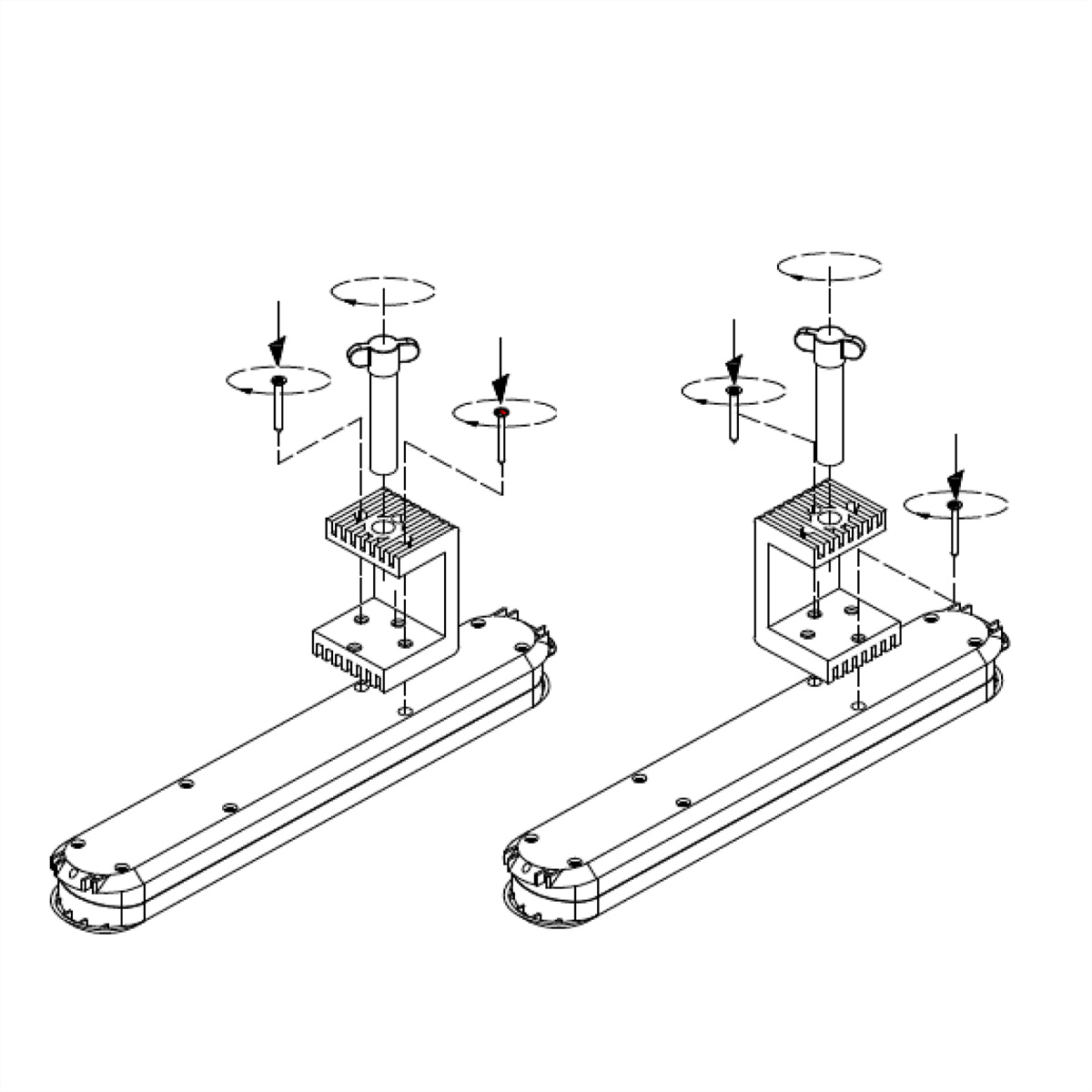 Lijntekening van twee metalen structuren die met schroeven in elkaar worden gezet.