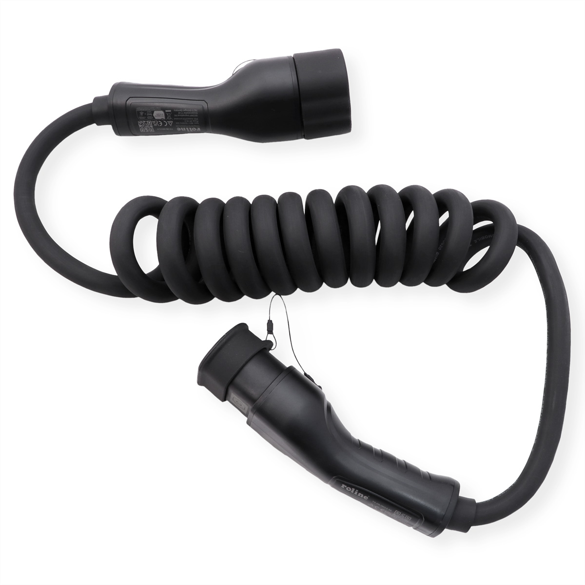 A black charging cable with two connectors in a coiled form, against a white background.