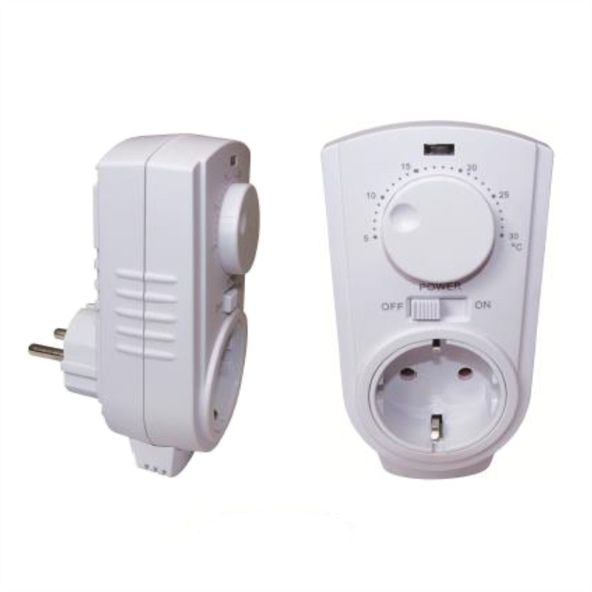 White thermostat with plug and socket. Knob for temperature control. Isolated on white background.