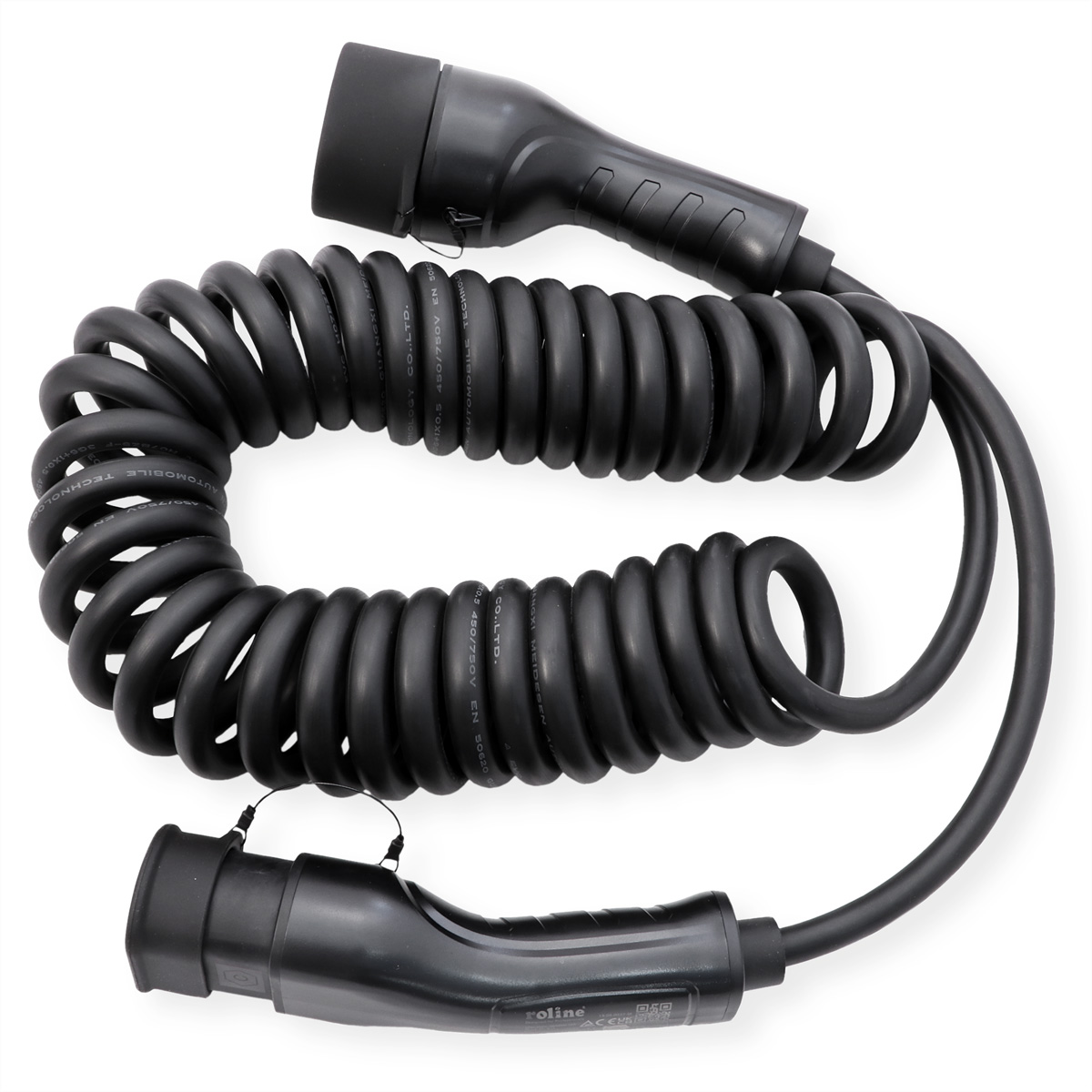 Un câble de charge noir avec deux connecteurs en forme de spirale, sur fond blanc.