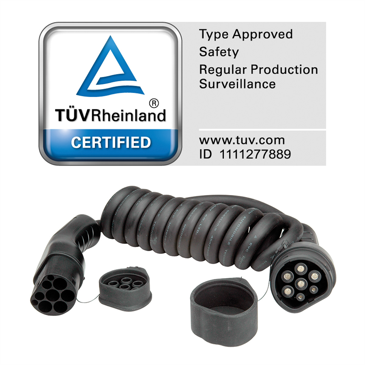 Black EV charging cable with multiple connectors and TUV Rheinland logo.
