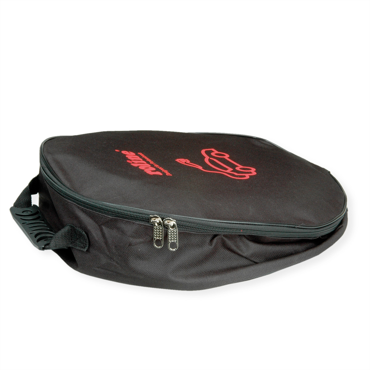 Black bag with red text and zipper.