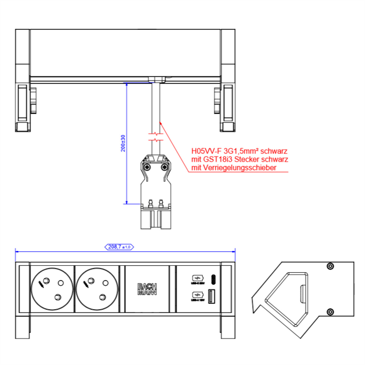 Disegno tecnico di multipresa con prese e cavo. Sfondo bianco.
