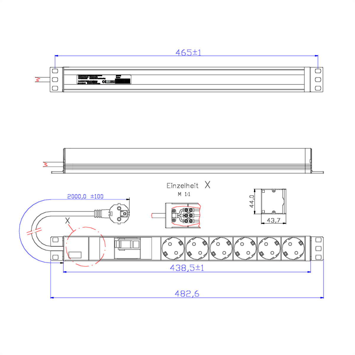 Technische tekening van een stekkerdoos, met afmetingen en een diagram van de stekker.