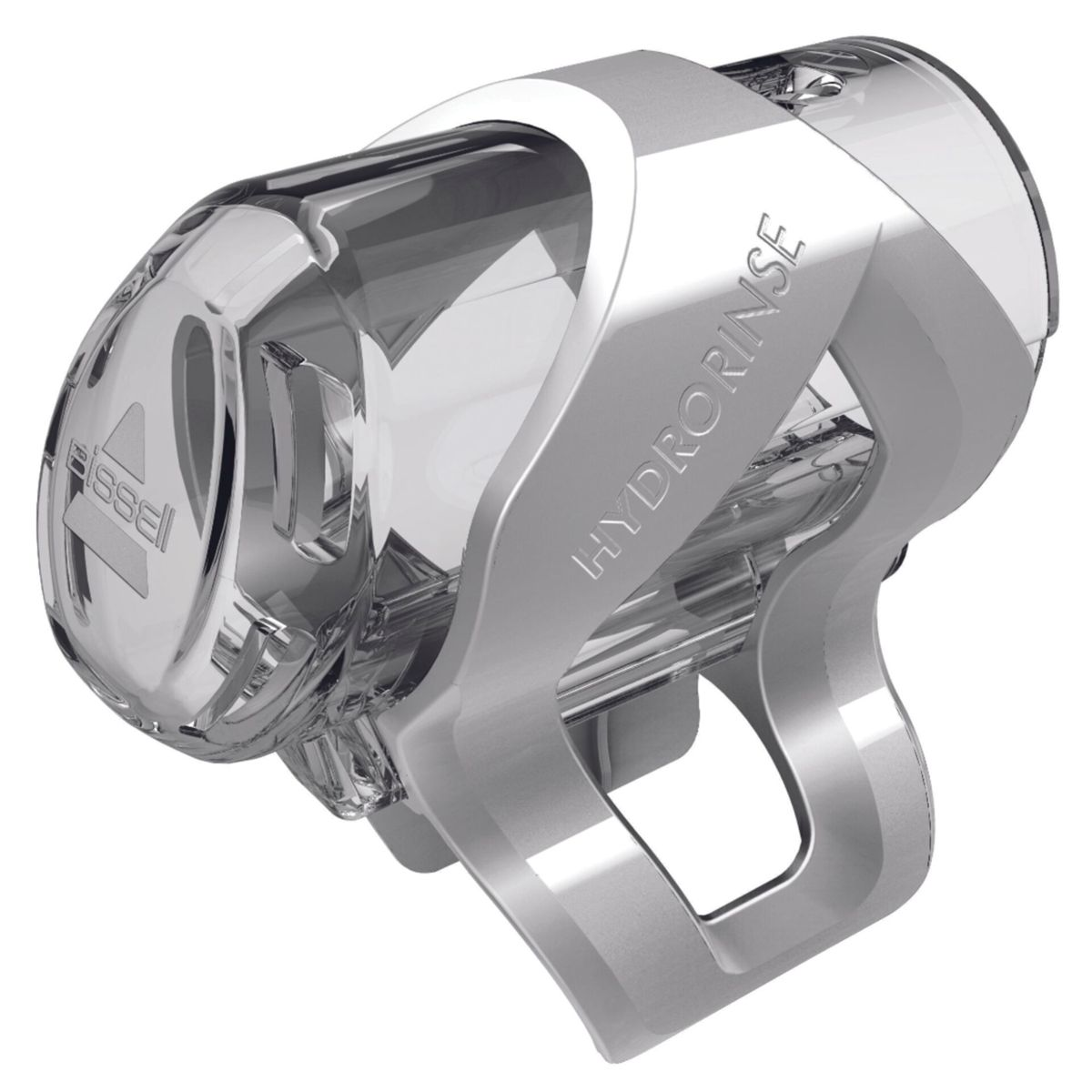 Srebrne i przezroczyste urządzenie z napisem HYDRO RINSE.