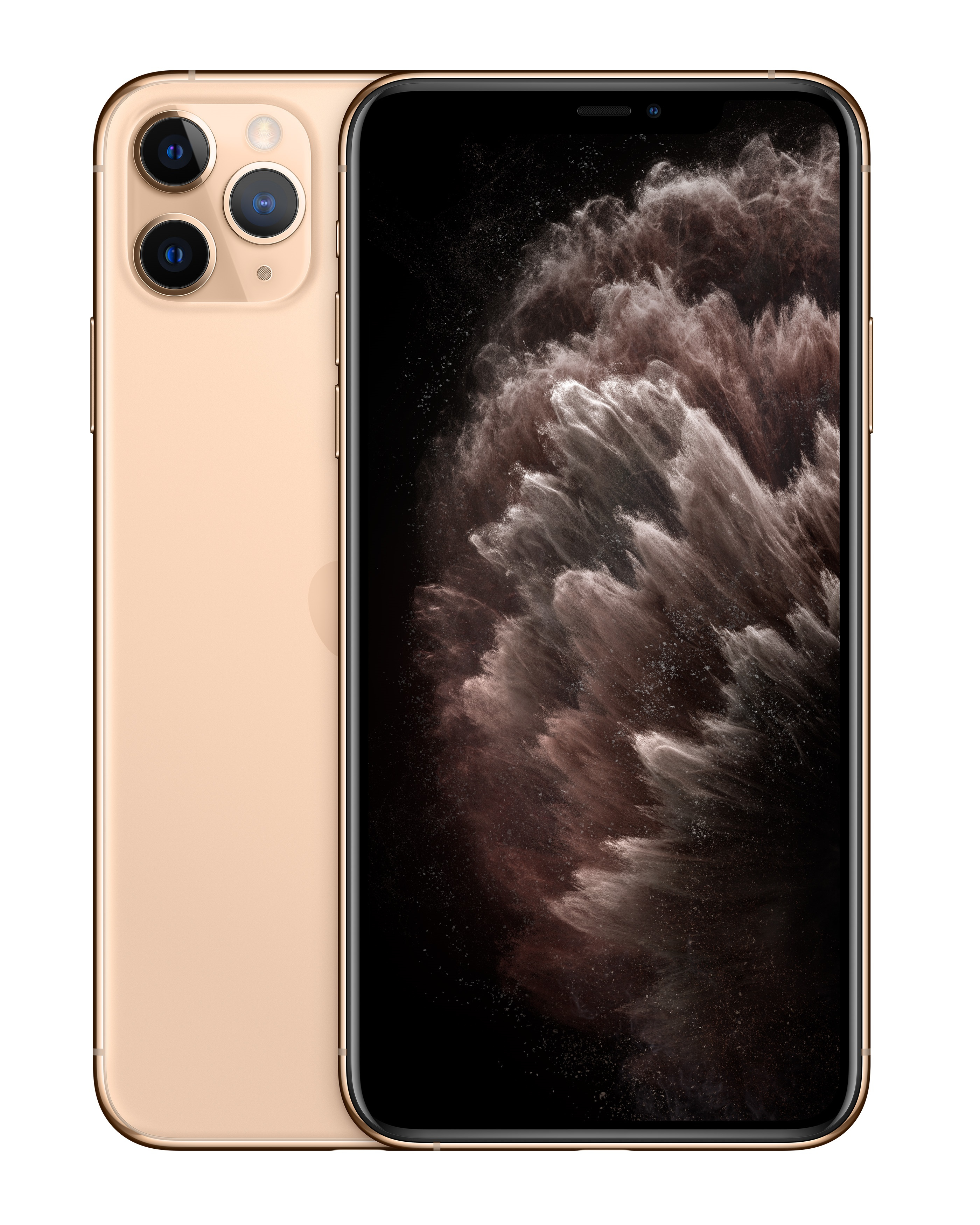 iPhone dorato con fotocamera a tripla lente. Lo schermo mostra un'immagine sfocata e astratta. Il retro è dorato.