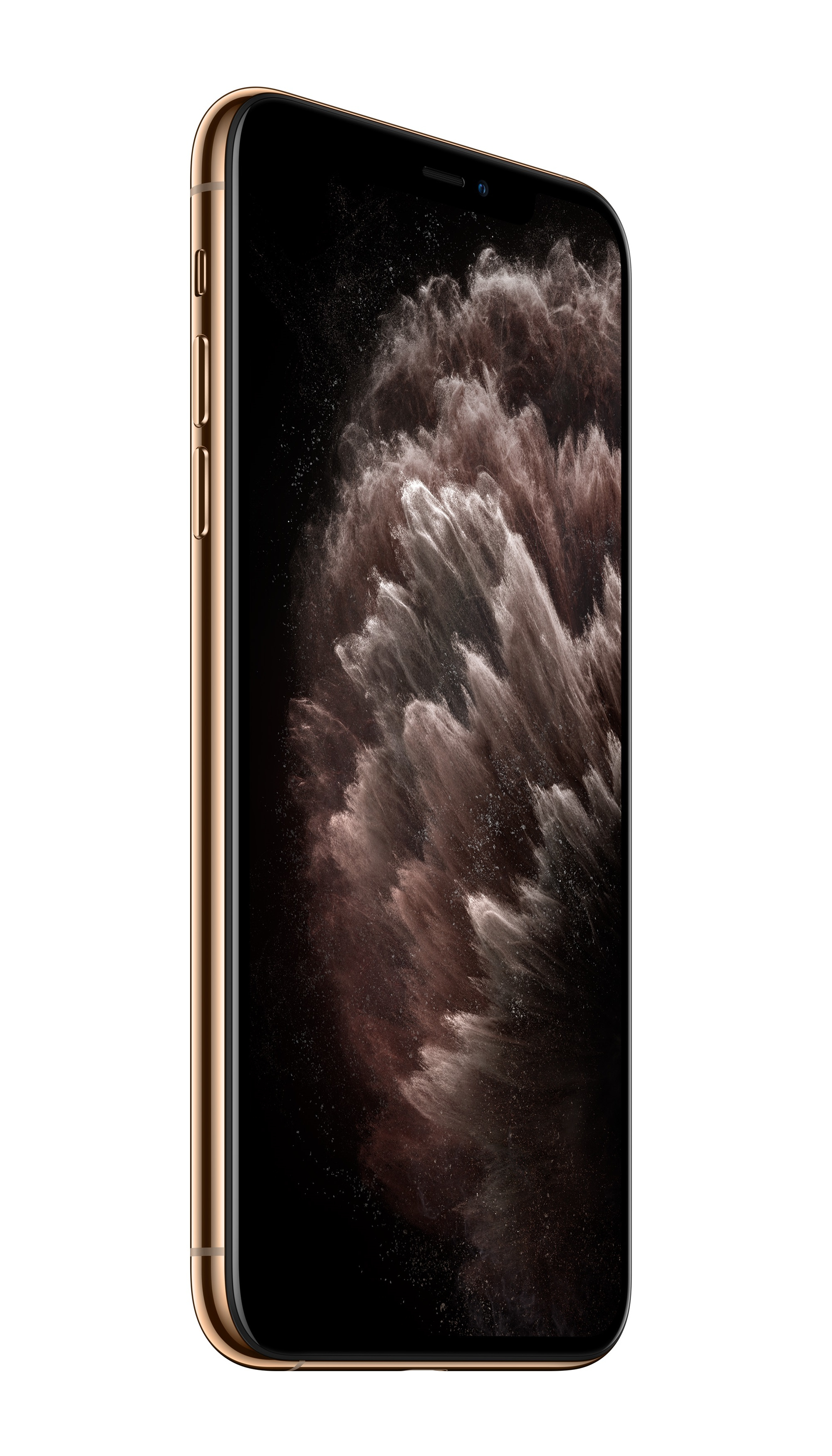 iPhone 11 Pro dorato con schermo nero, che mostra uno sfondo scuro e nuvoloso.