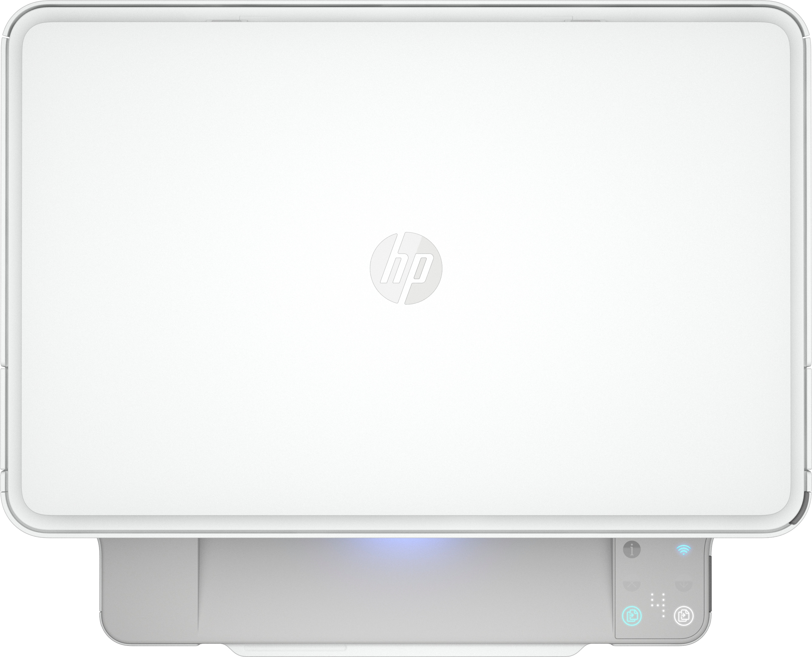 Biała drukarka HP, widok z góry, z logo HP i panelem sterowania.