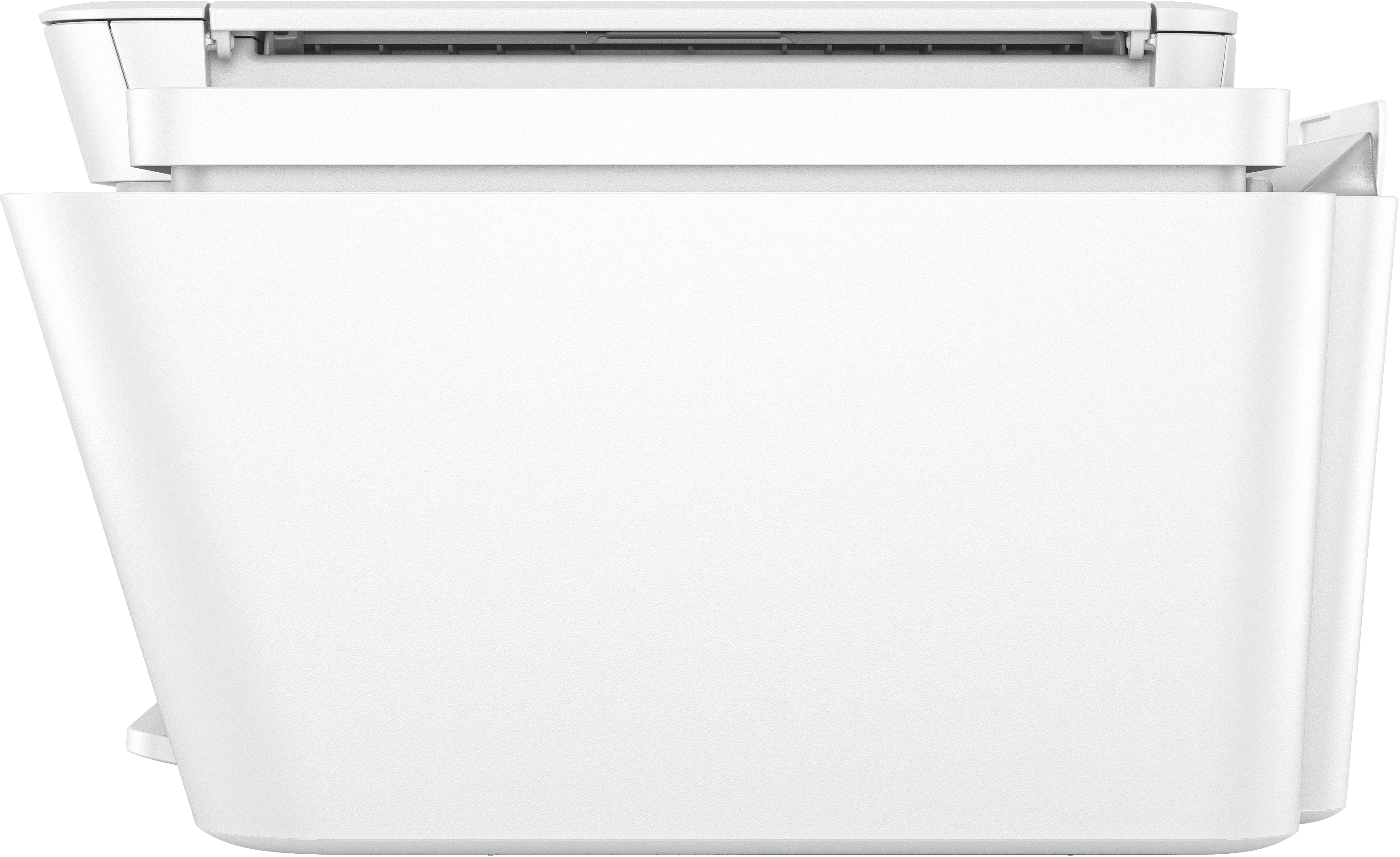 Biała drukarka z podajnikiem papieru, widok z boku. Góra lekko otwarta.