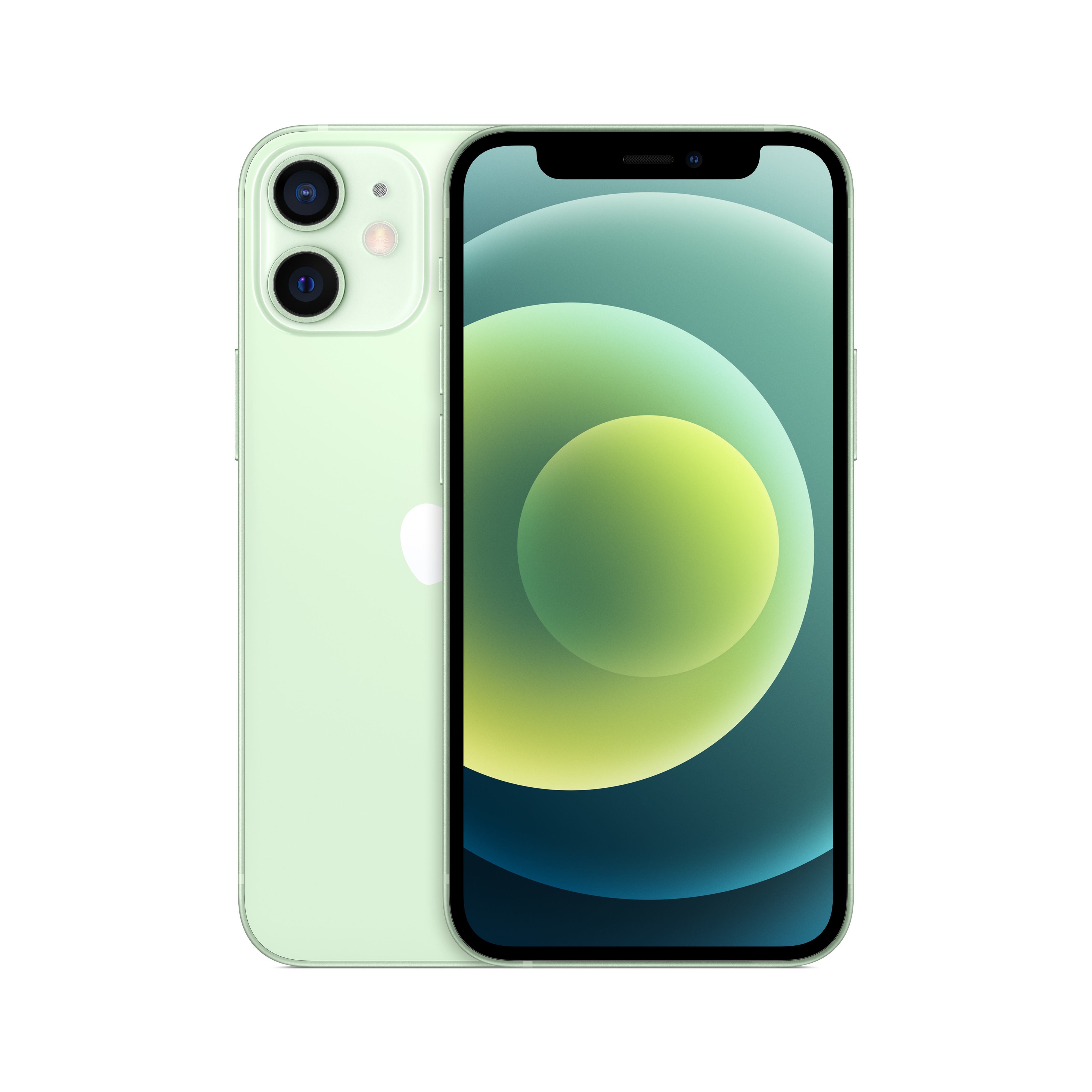 Zielony iPhone 12, widok z przodu i z tyłu. Izolowany na białym tle.