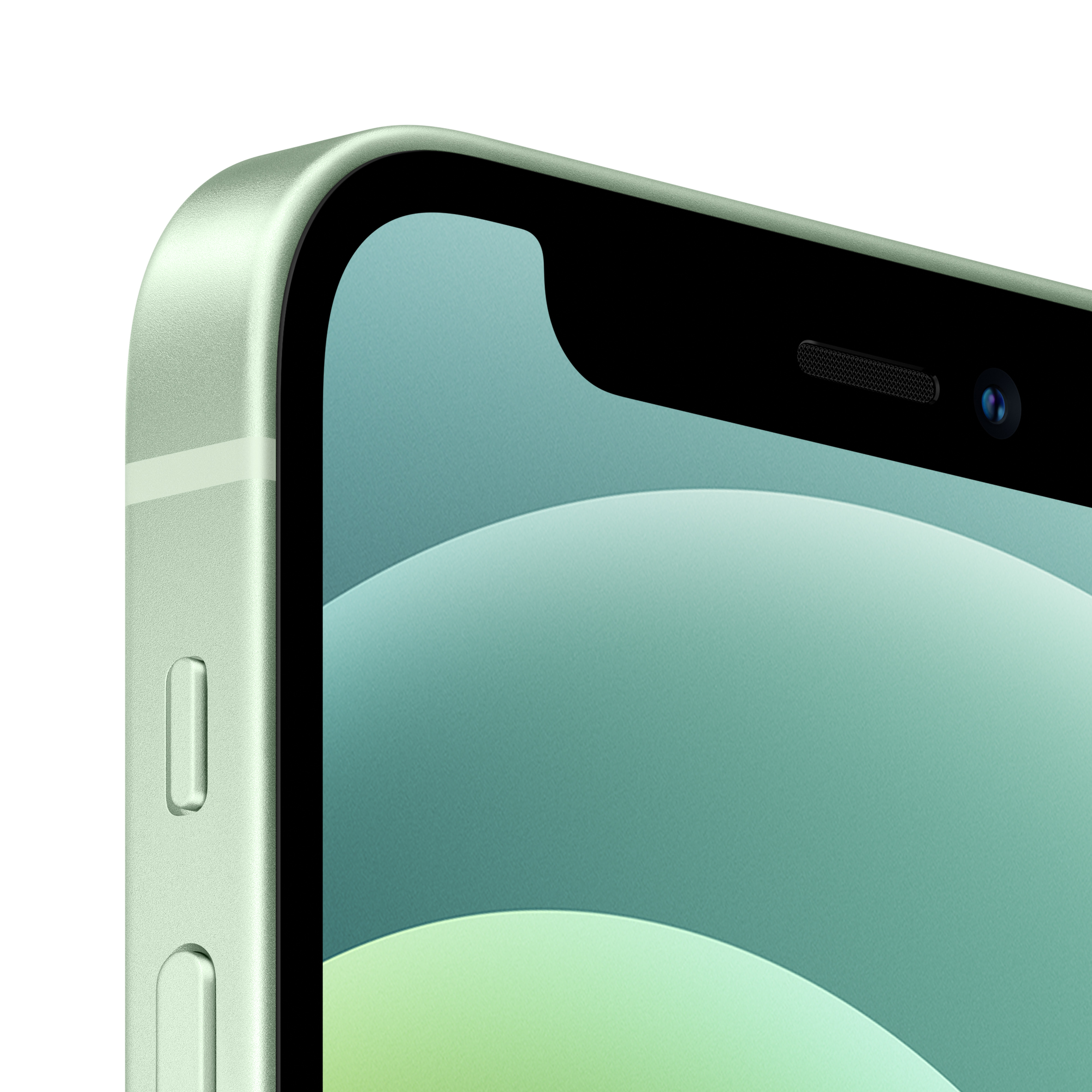 Zbliżenie na jasnozielony iPhone, pokazujące szczegóły aparatu i ekranu.