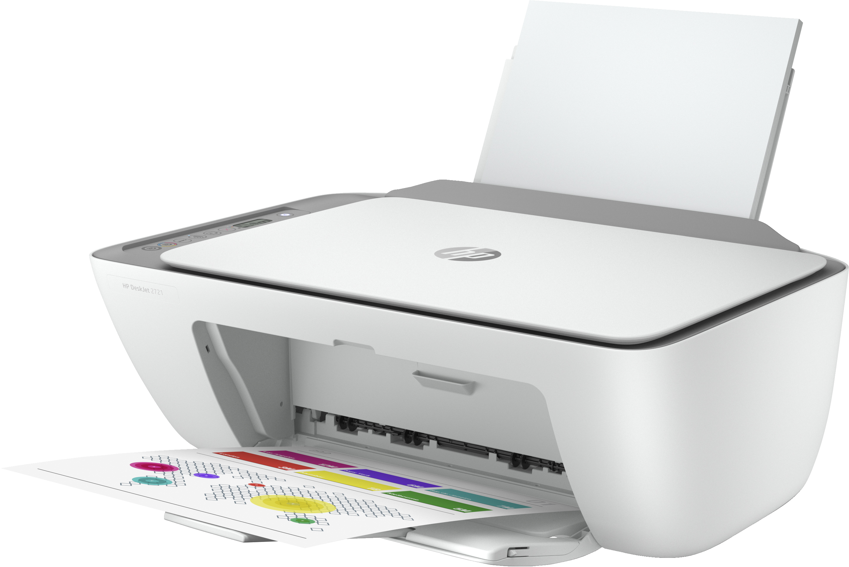 Weißer HP DeskJet Drucker. Papier kommt heraus, und eine Seite mit farbigen Diagrammen ist sichtbar.
