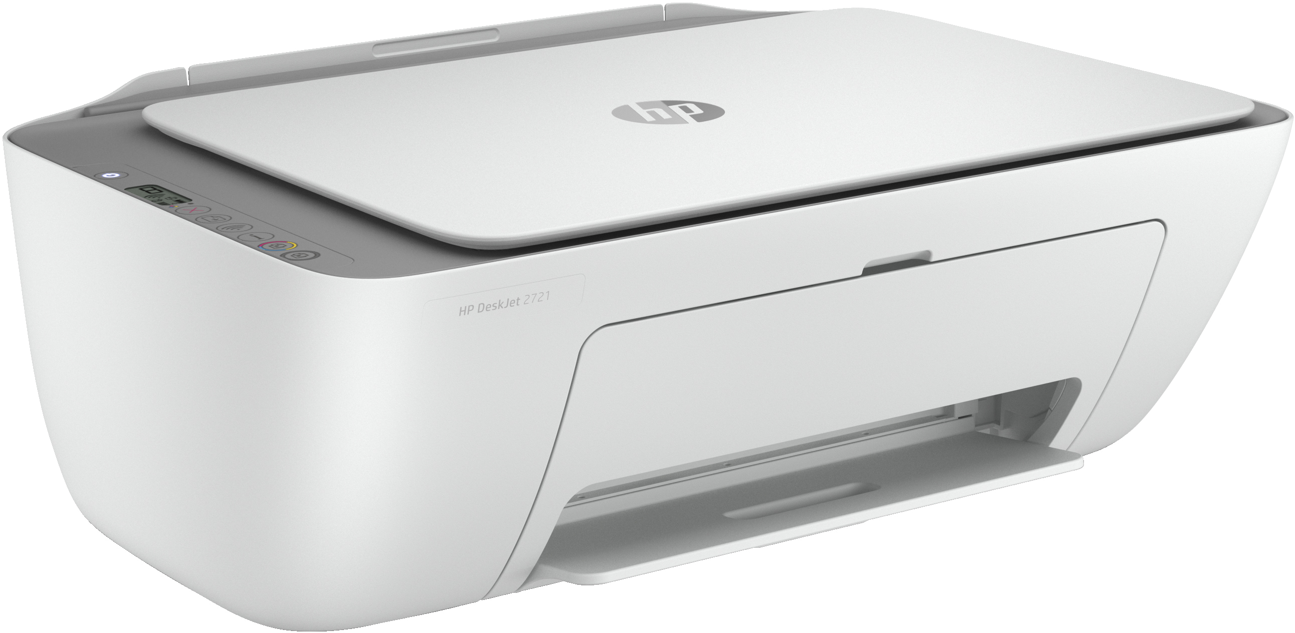 Weißer HP DeskJet 2721 Drucker. Es ist ein kompakter Drucker mit einem Scanner oben.