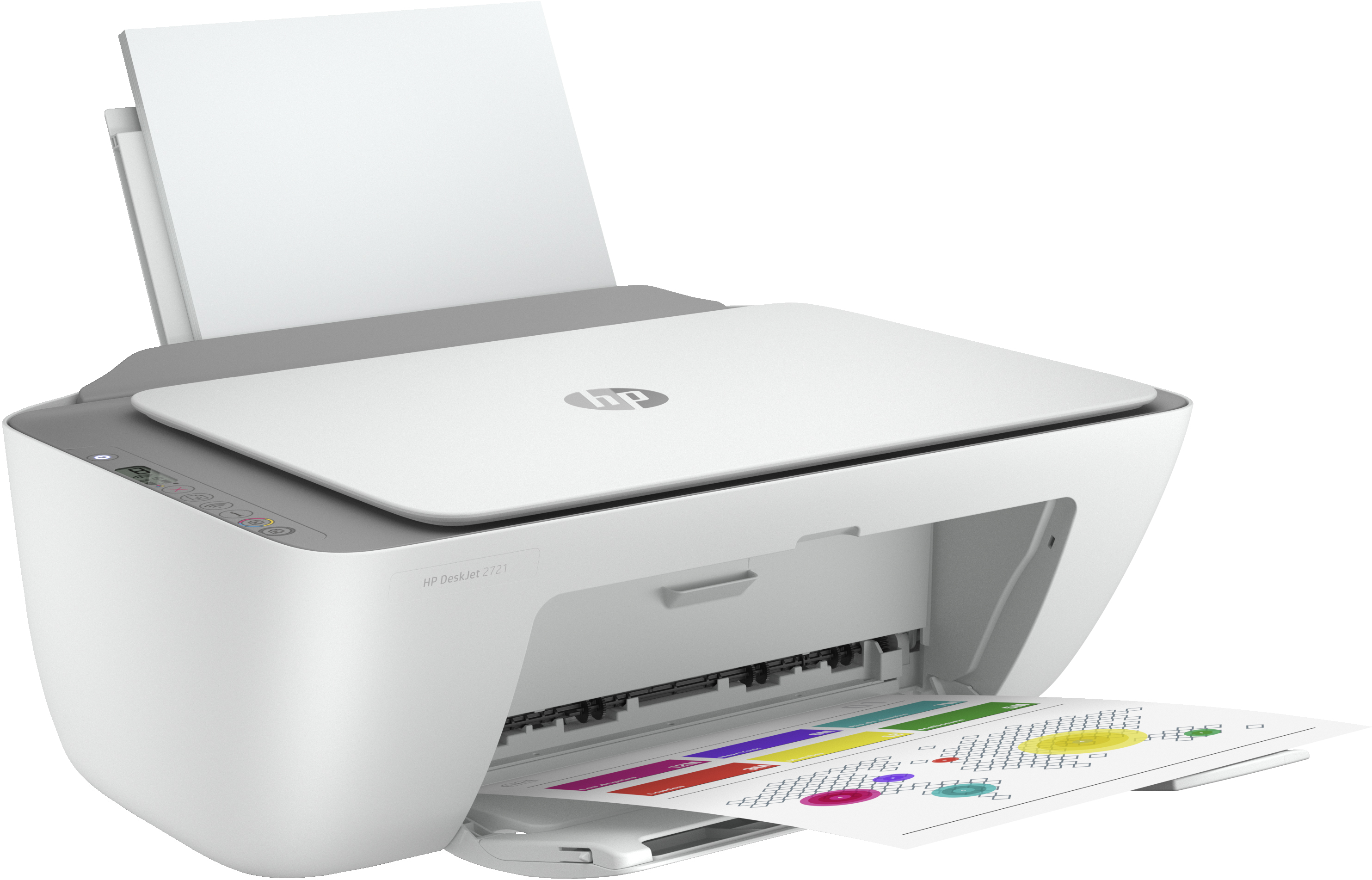 Weißer und grauer HP DeskJet 2721 Drucker mit offenem Papierfach.