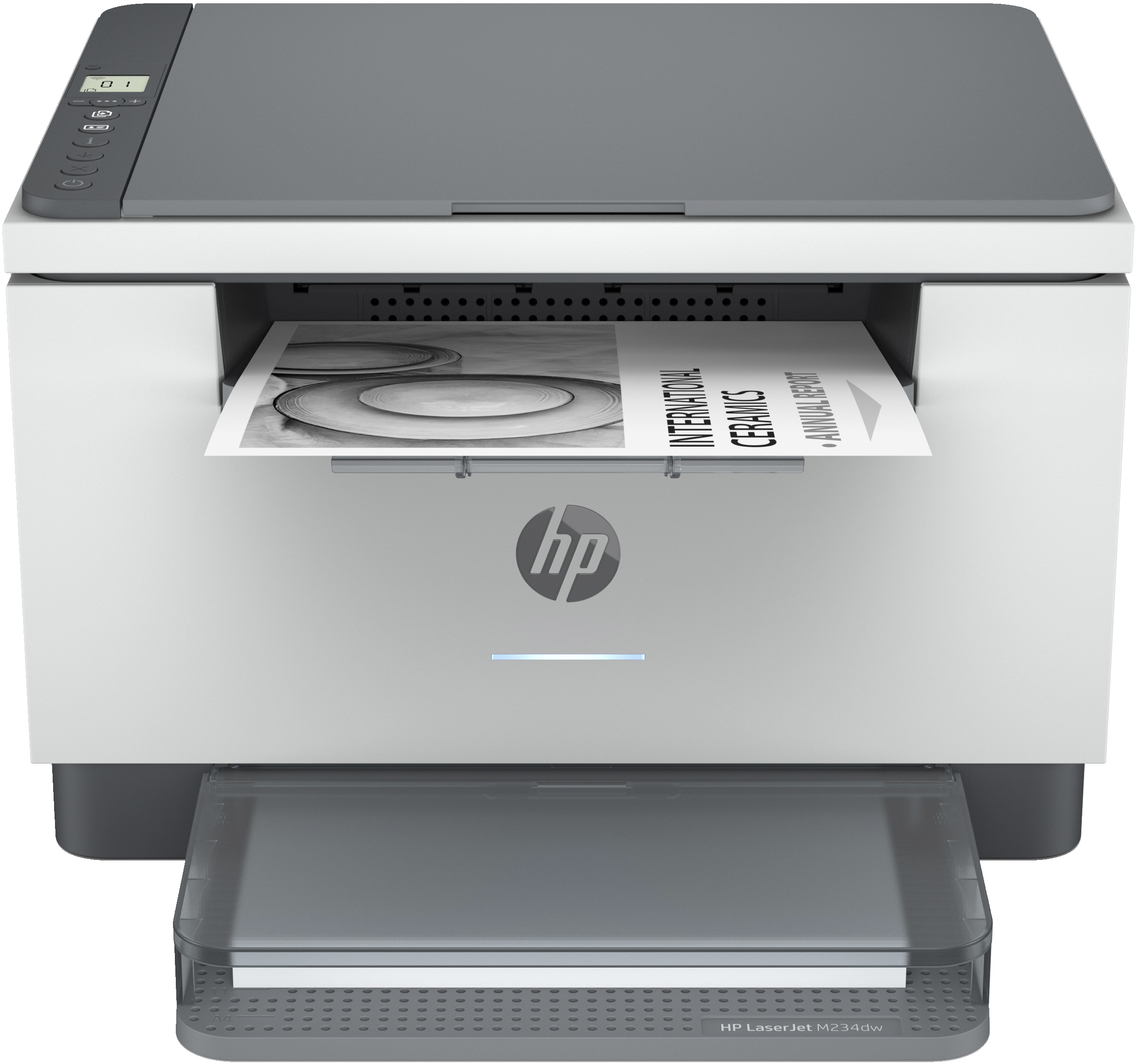 Una stampante HP Laserjet che stampa un documento in bianco e nero, con un vassoio per la carta.