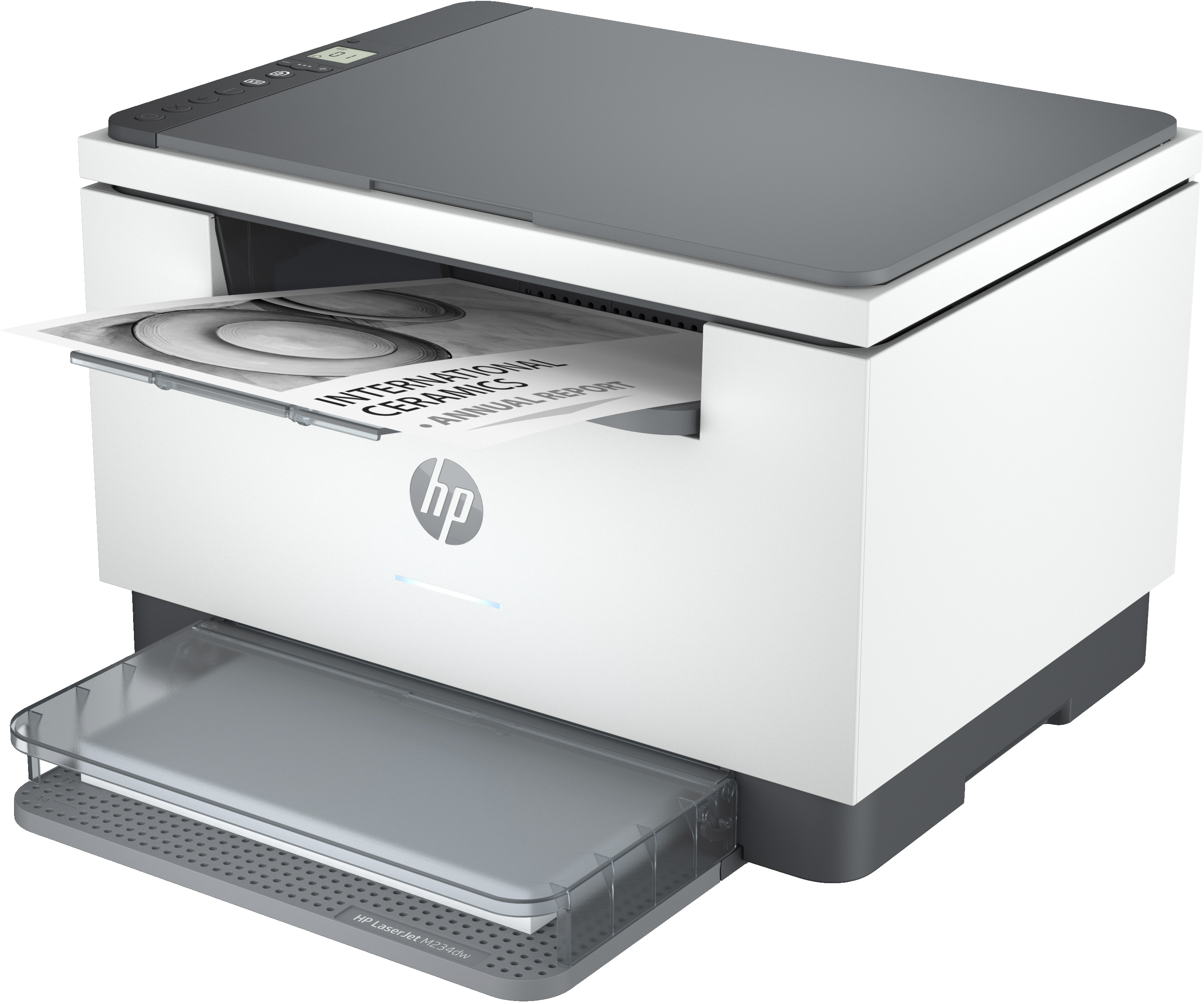 Una stampante HP che stampa un documento con scritto 'INTERNATIONAL CERAMICS ANNUAL REPORT'.