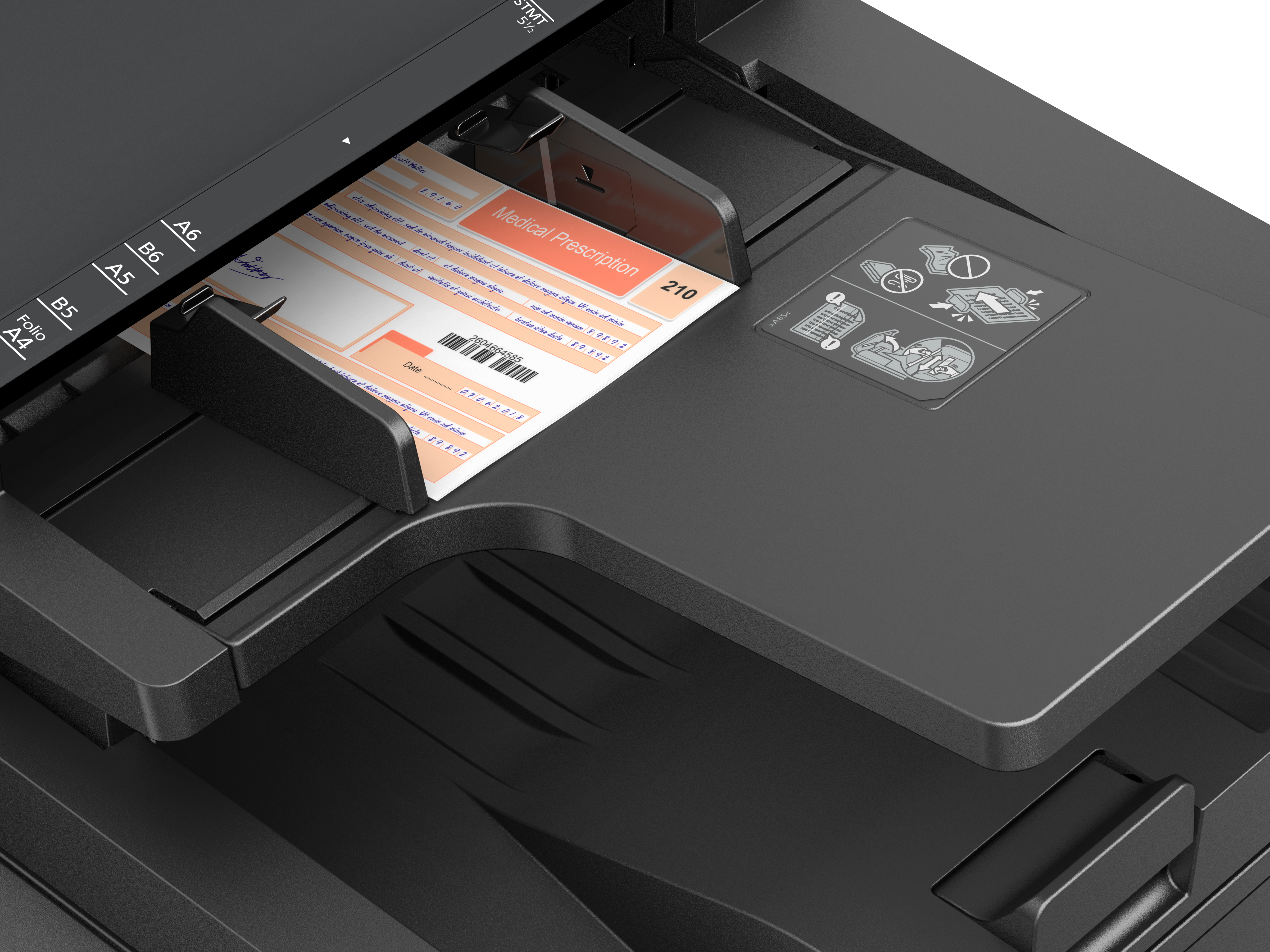 Drukarka z podajnikiem papieru. Wydrukowana recepta lekarska znajduje się na tacy.