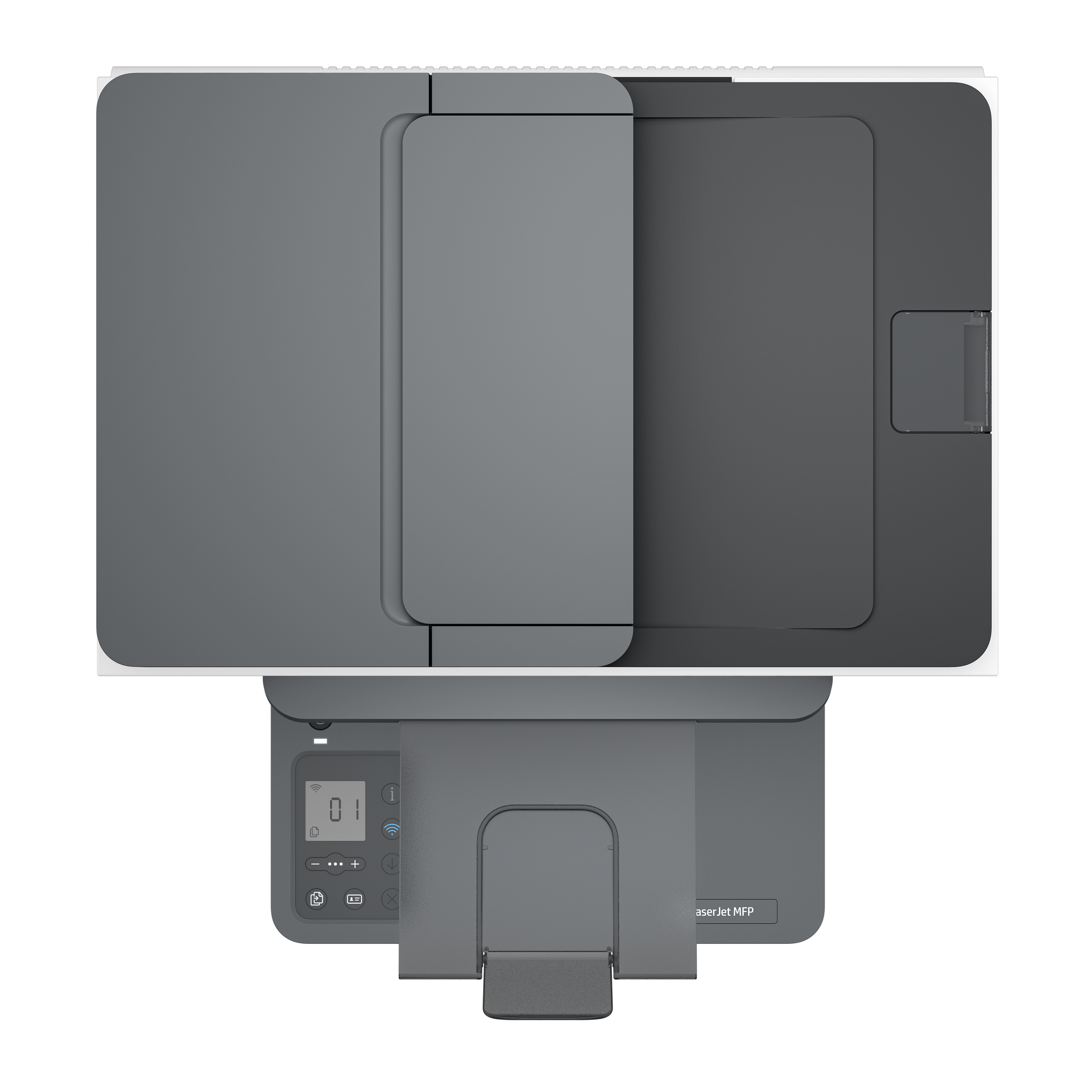 Widok z góry na szarą drukarkę z otwartą tacą na papier i zbliżenie panelu sterowania.