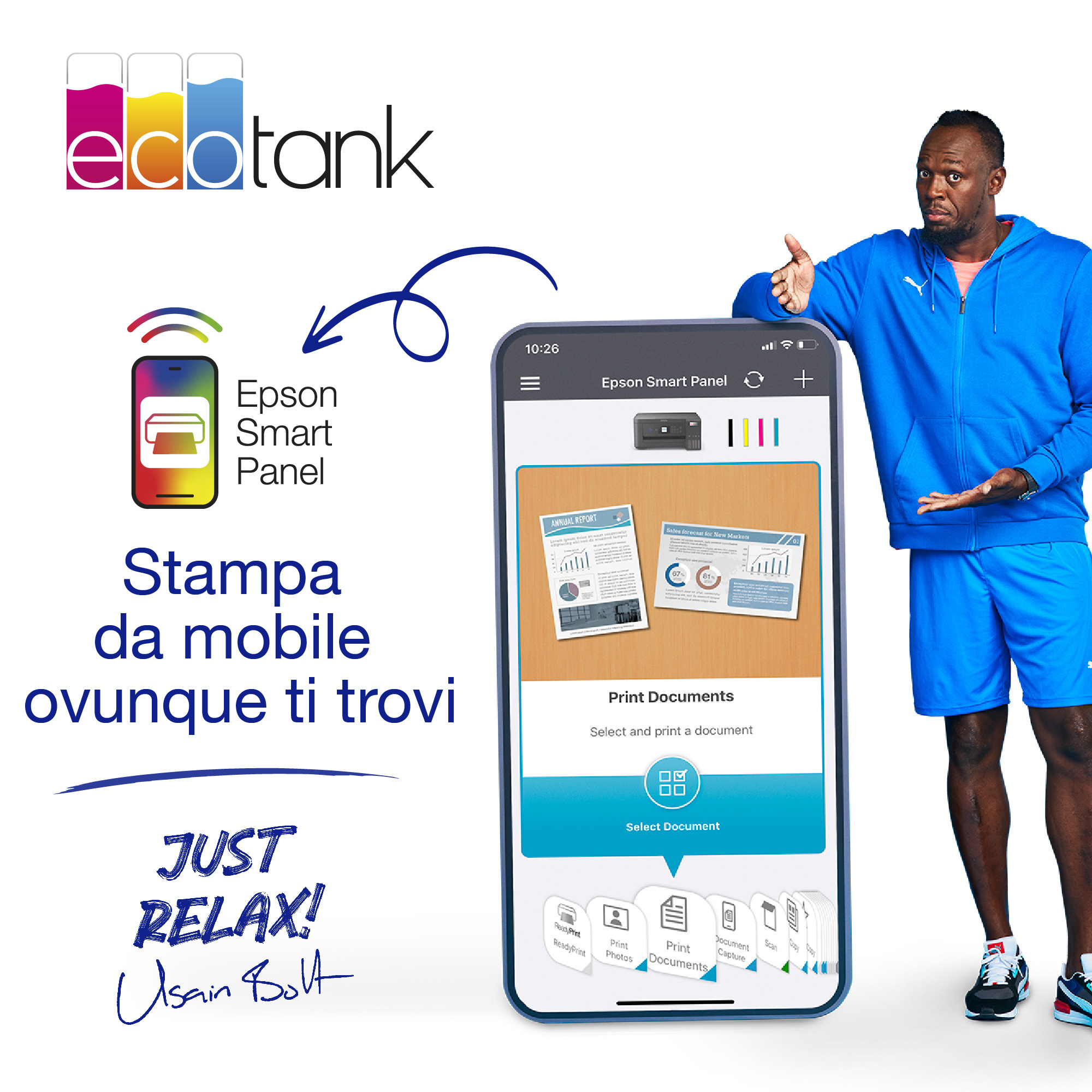 Reklama Epsona z Usainem Boltem. Telefon pokazuje Epson Smart Panel. Białe tło.